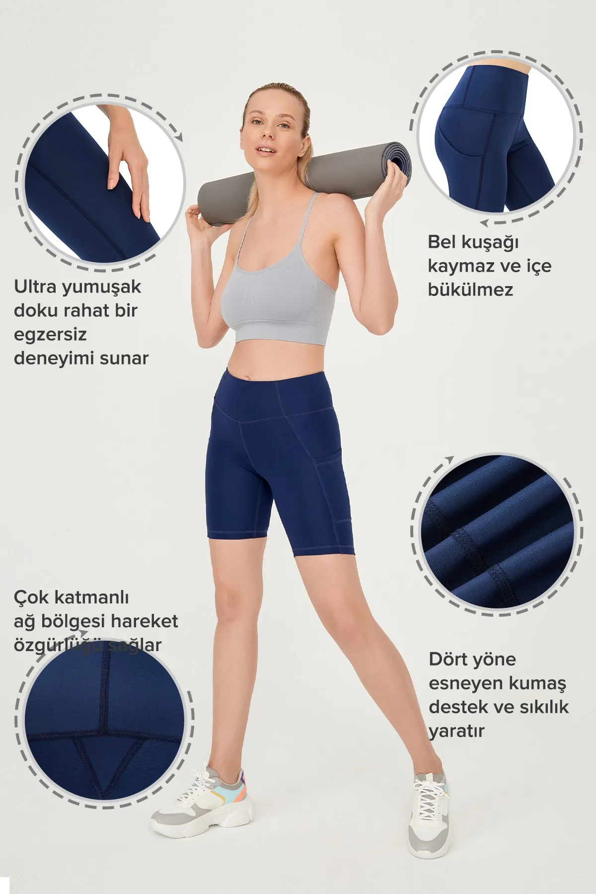 LOS OJOS  Marineblaue, glättende Biker-Shorts mit doppelter Tasche und kurzer Sportstrumpfhose mit hoher Taille für Damen