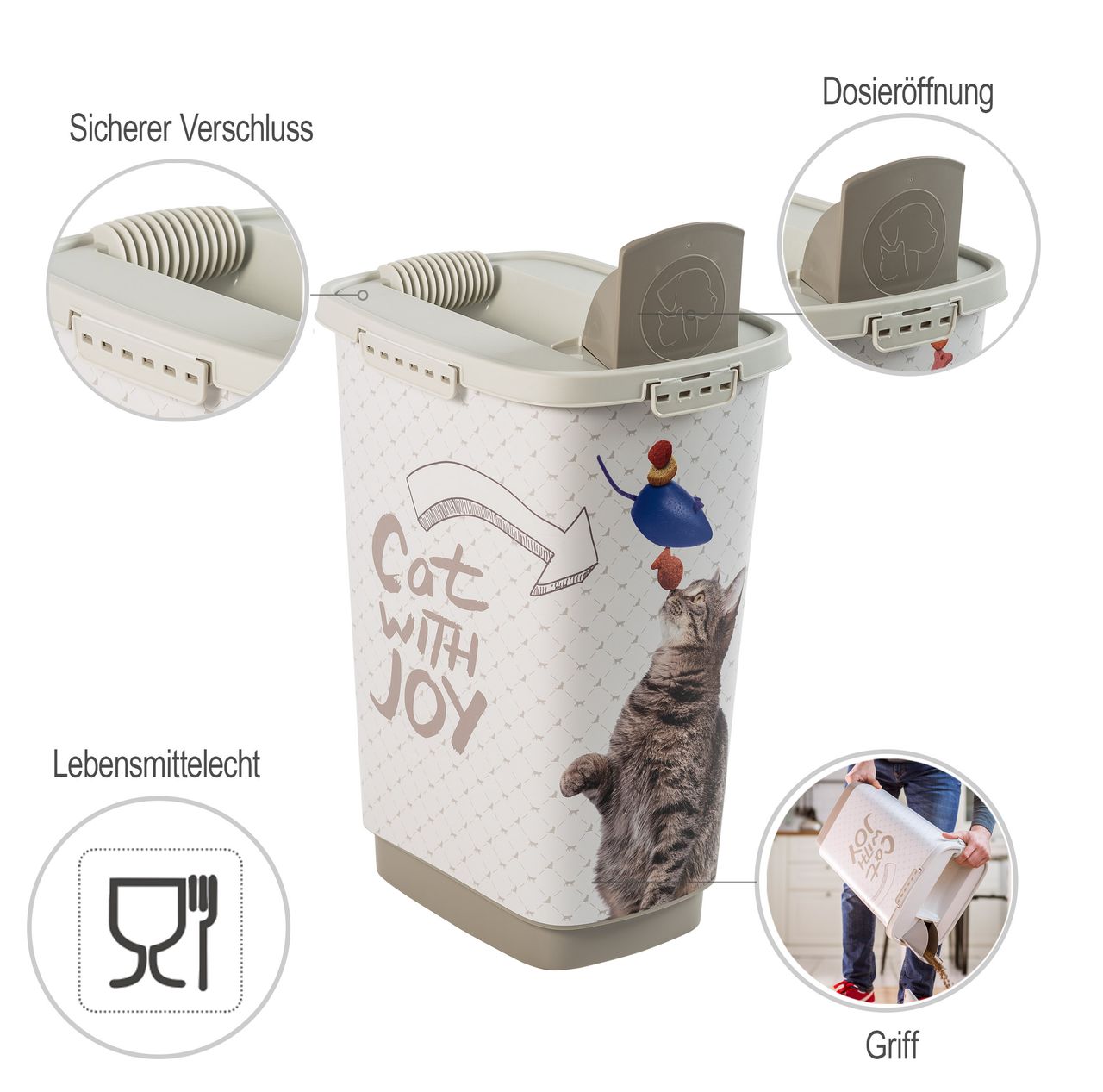 Rotho Babydesign Rotho MyPet Cody Tierfutterbehälter 25l mit Deckel und Schüttvorrichtung, Katzenmotif