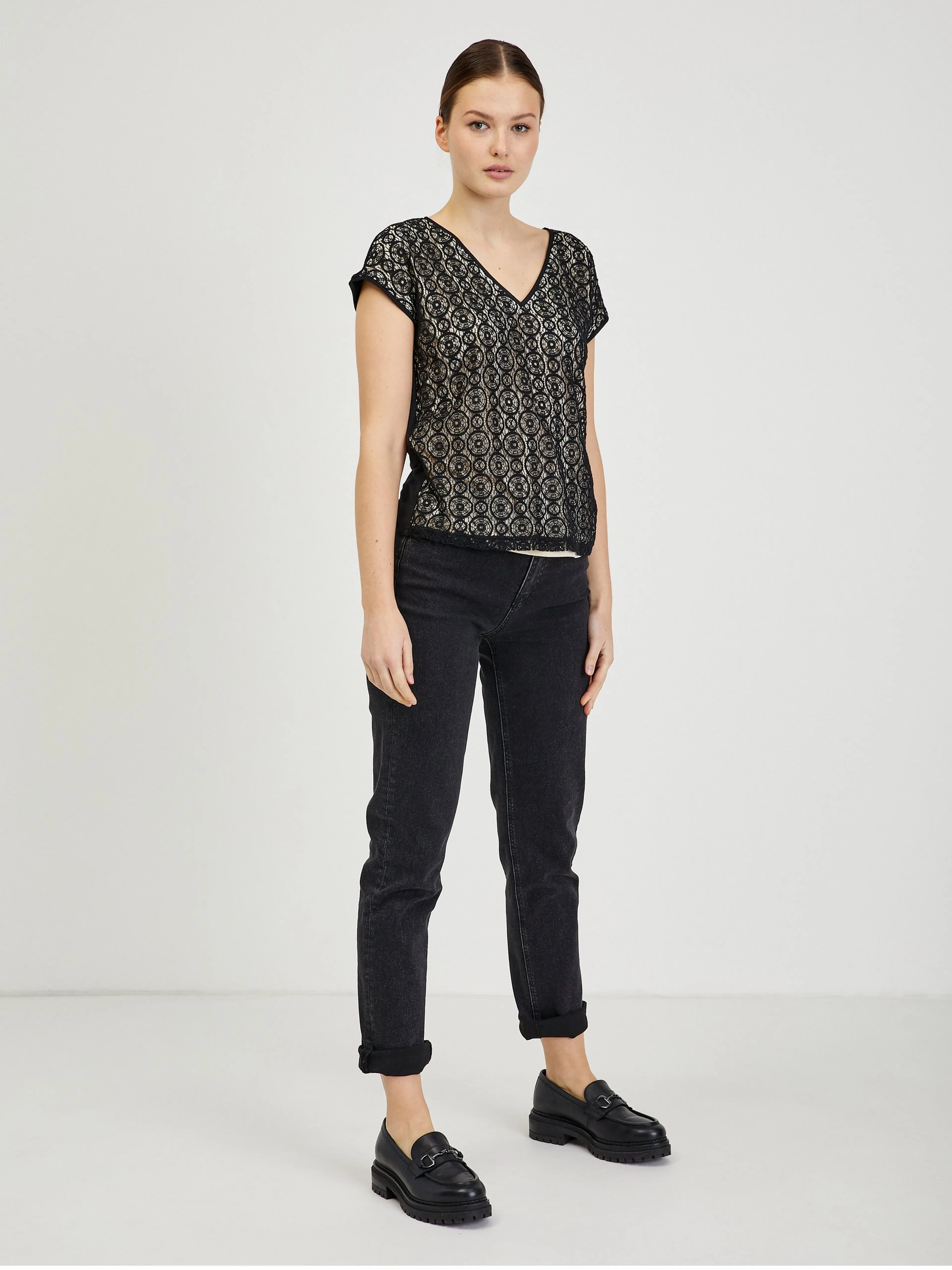 Beige-schwarzes Damen T-Shirt aus Spitze ORSAY