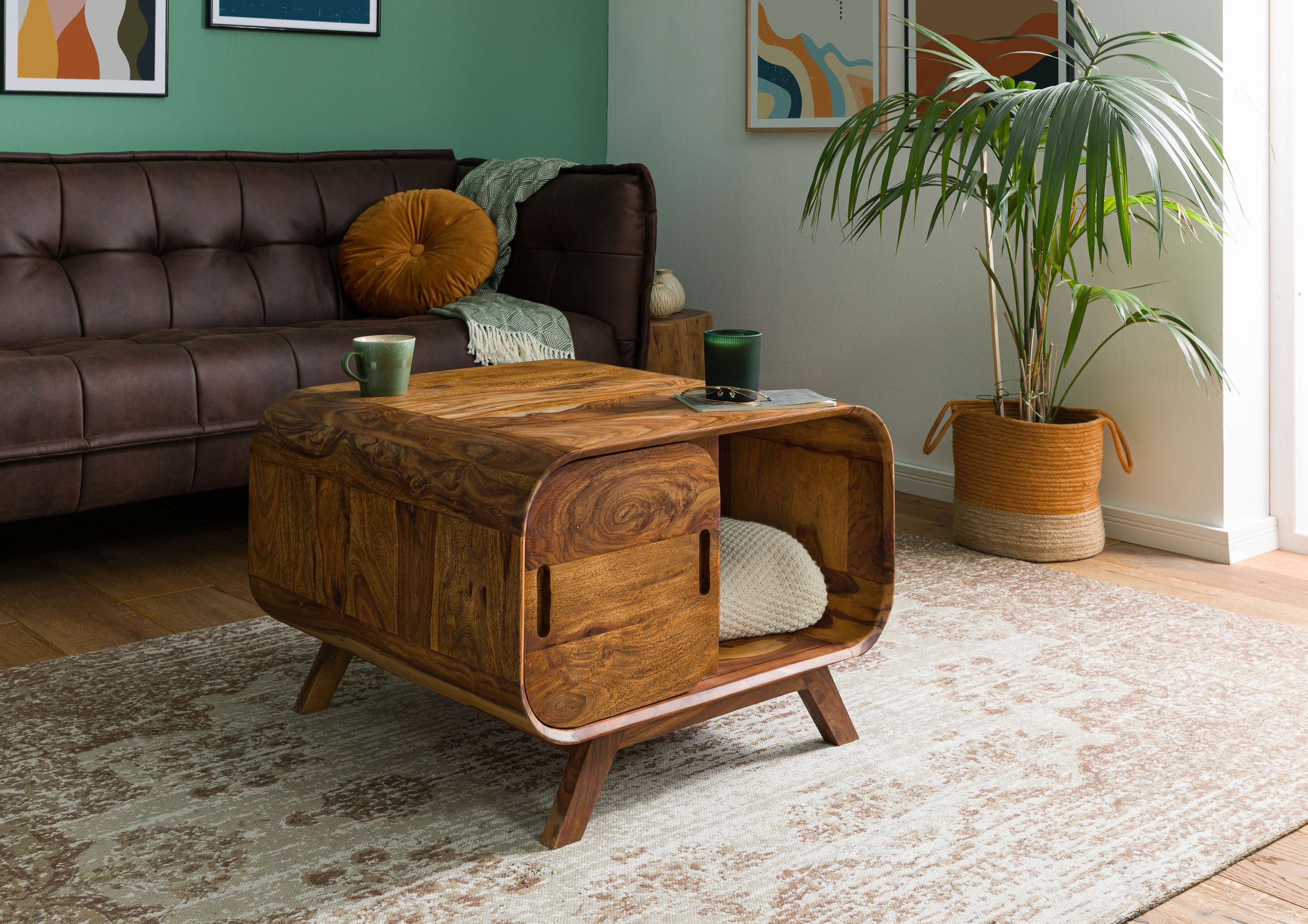 Massivmoebel24 Couchtisch Sheesham 70x70x50 hellbraun lackiert MAILAND #133
