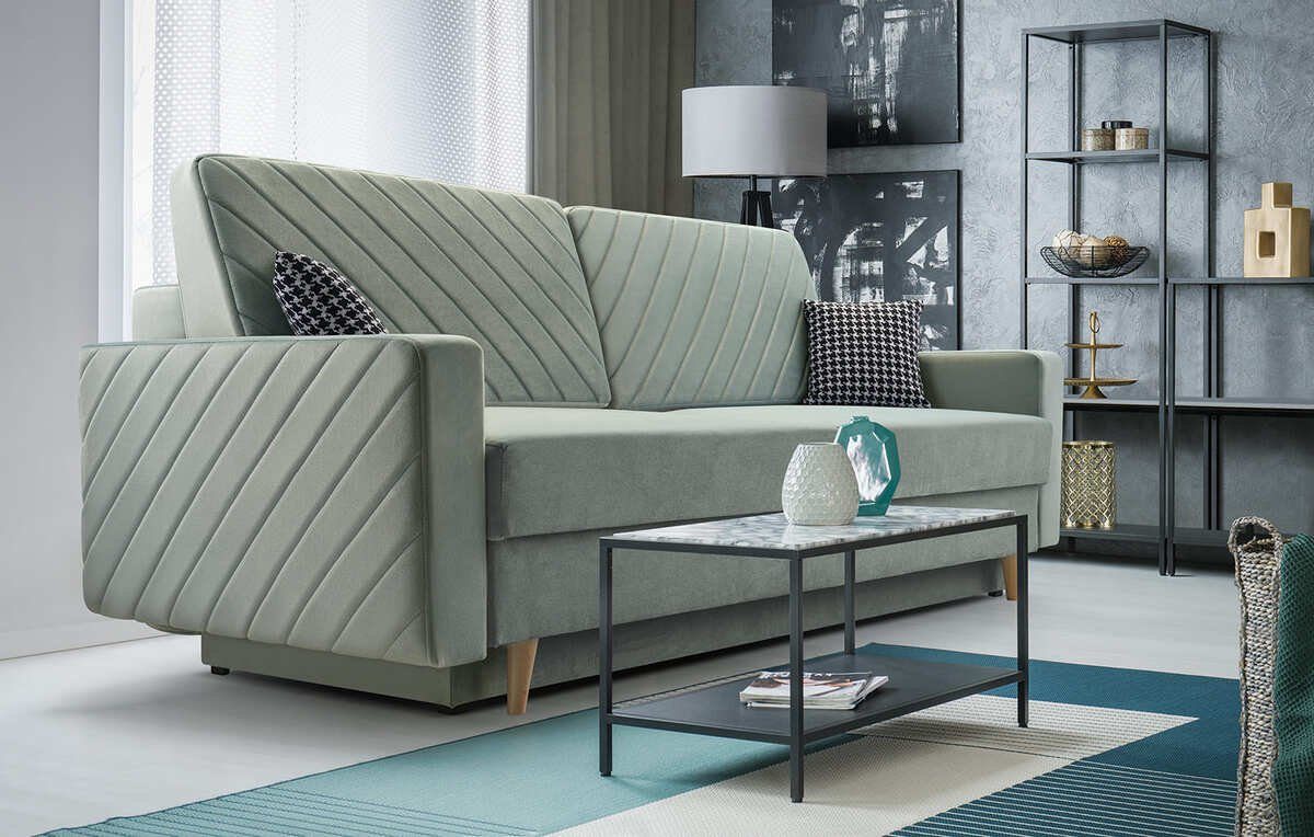 MOEBLO Schlafsofa CALIFORNIA, Sofa aus Samtstoff Couch für Wohnzimmer Sofagarnitur Polstersofa Wohnlandschaft Velours 230x100x85cm, mit Bettkasten und Schlaffunktion
