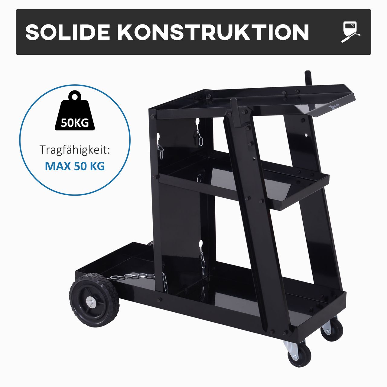 DURHAND Schweißwagen, Gasflaschenwagen, mit Sicherheitskette, 3 Regale, schwarz