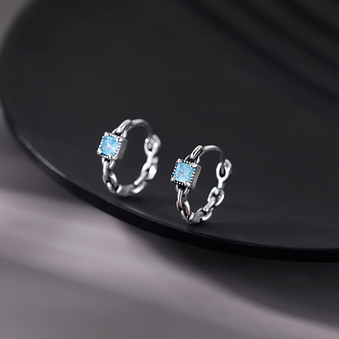 POCHUMIDUU Paar Ohrhänger 925 Sterling Silber Blau CZ Hoop Ohrringe (2-tlg., Link Hoop Ohrringe Retro Huggie Hoop Ohrringe), für Frauen Teenager Mädchen