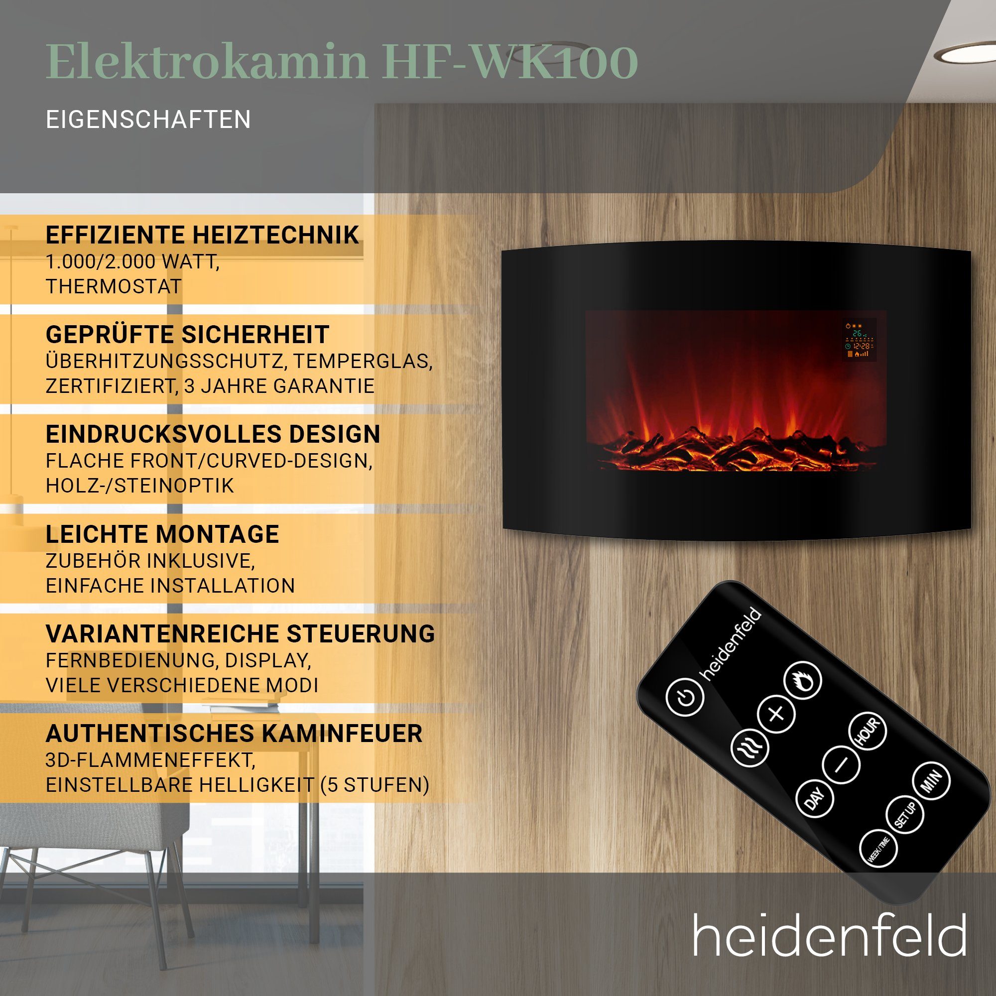 Heidenfeld Elektrokamin Kamin Heizung Wandkamin HF-WK100 1000-2000 Watt inkl. 3 Jahre Garantie, 3D Flammen - 5 Stufen Helligkeit - Fernbedienung - Elektroheizung