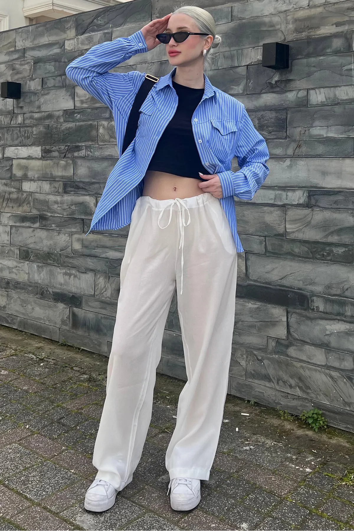 Madmext  Weiße Basic-Strandhose für Damen aus Crinkle-Stoff