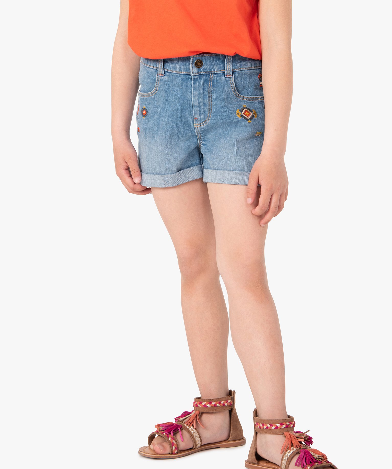 Short fille en jean à motifs géométriques brodés stone | GEMO
