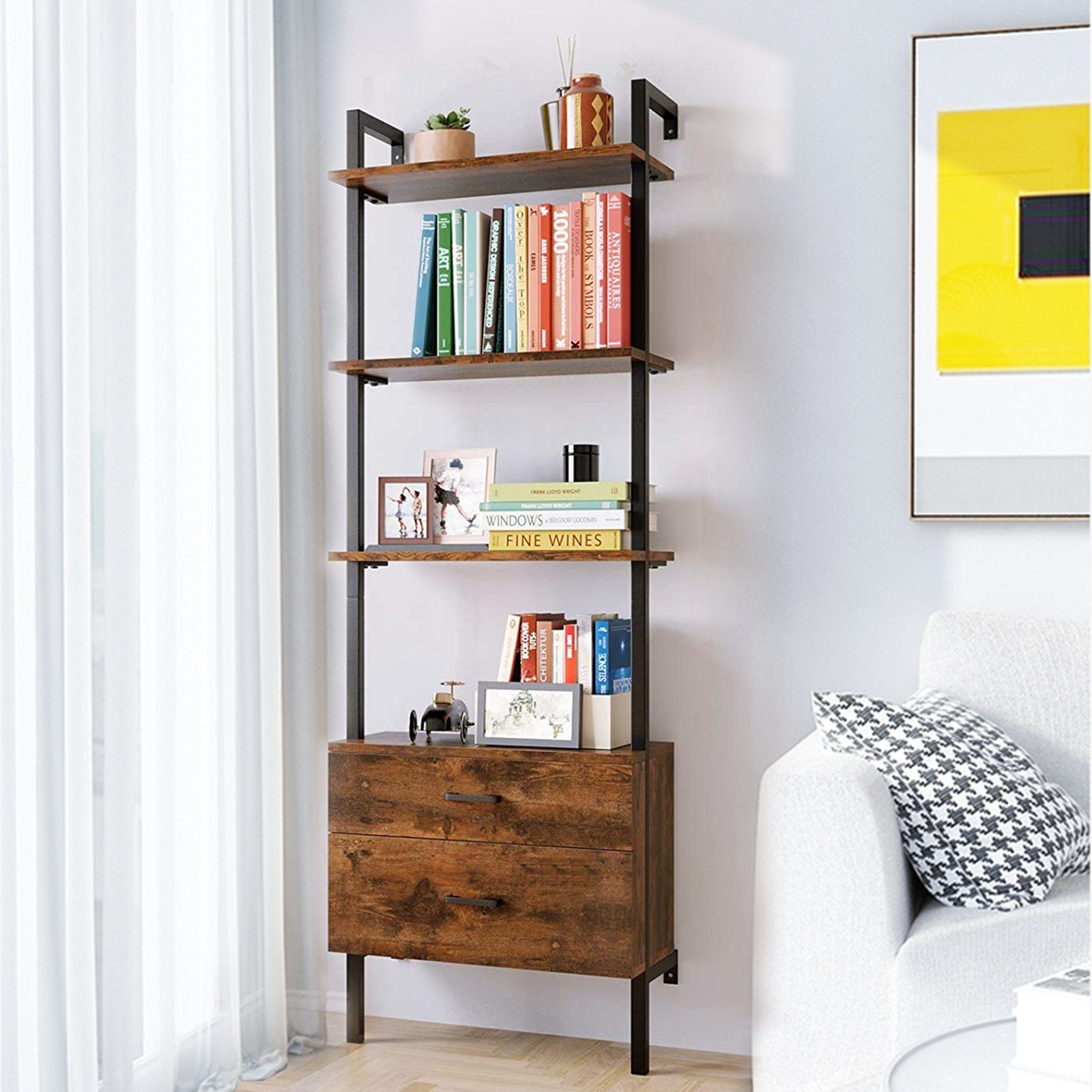 Homfa Leiterregal, Bücherregal 2 Schublade Standregal 3 Ablagen schwarz 185cm