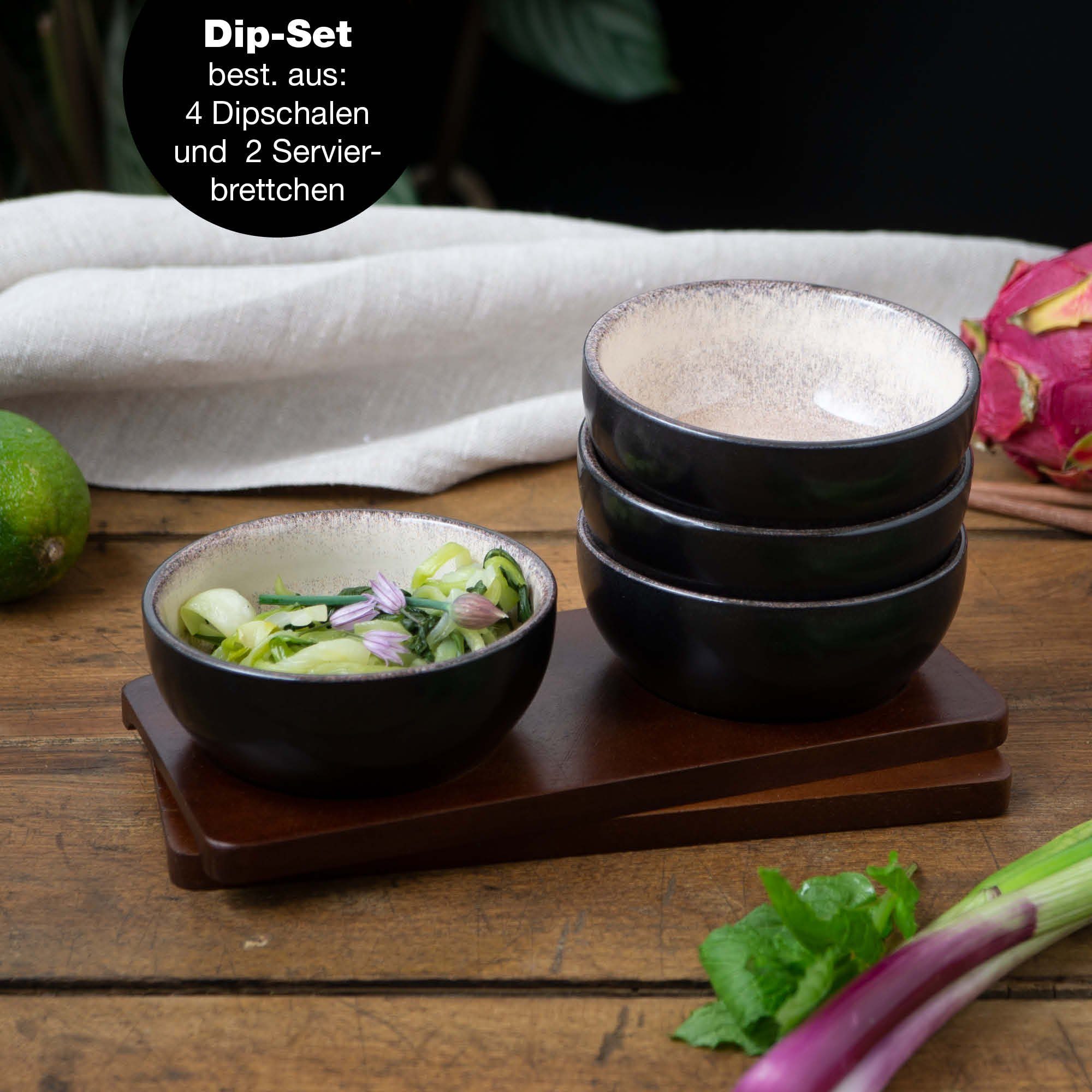 Moritz & Moritz Dipschale 6tlg Dip Schalen Set mit Brett, Porzellan, Sandelholz, (Set, 6-tlg, 6-tlg), 10cm Ø für Snacks, Dessert, Dips und Saucen