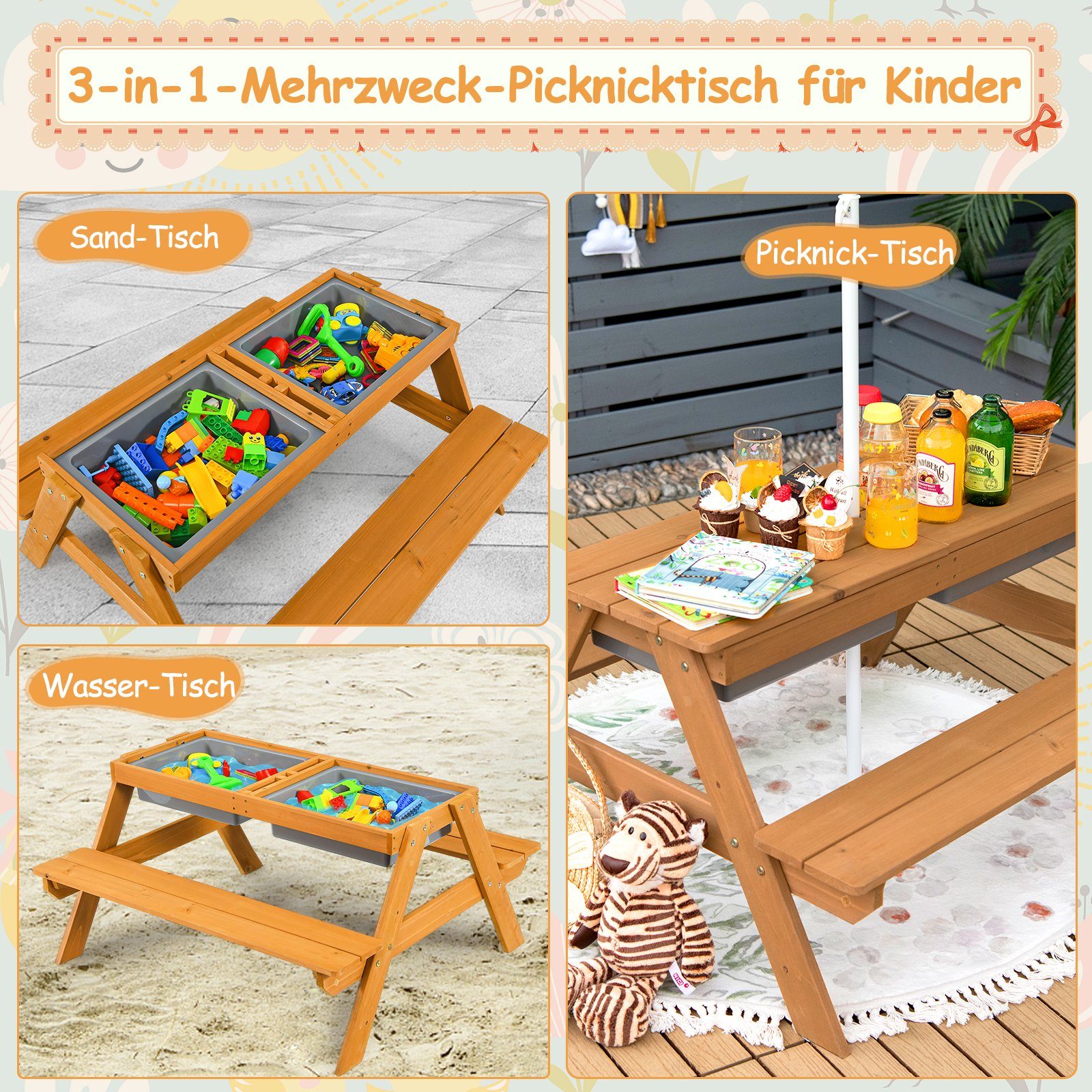 COSTWAY Garten-Kindersitzgruppe, aus Holz, mit Sonnenschirm & Bänke