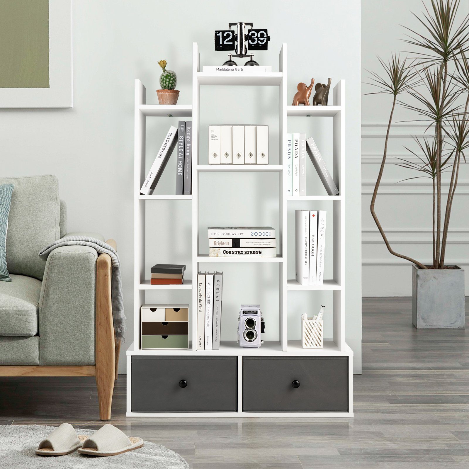 COSTWAY Bücherregal, Standregal mit 12 Fächern und 2 Schublade, 53x24x118cm