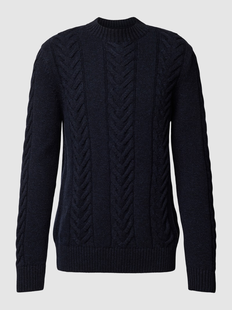 Strickpullover mit Zopfmuster und Rundhalsausschnitt in marineblau meliert