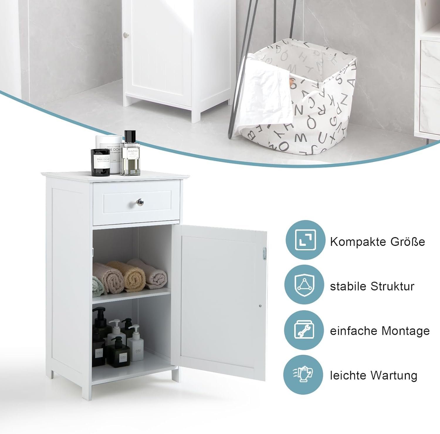 KOMFOTTEU Badkommode Badschrank, mit Schublade & Tür, 43 × 34 × 77 cm, weiß