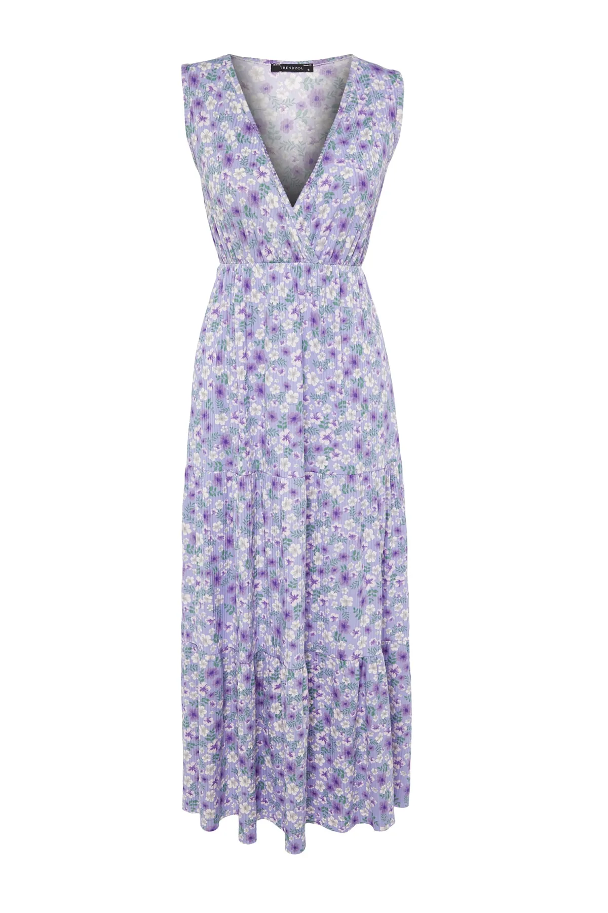 Trendyol Collection  Lilafarbenes, blumengemustertes, ärmelloses Maxi-Strickkleid in A-Linie mit V-Ausschnitt TWOSS22EL1588