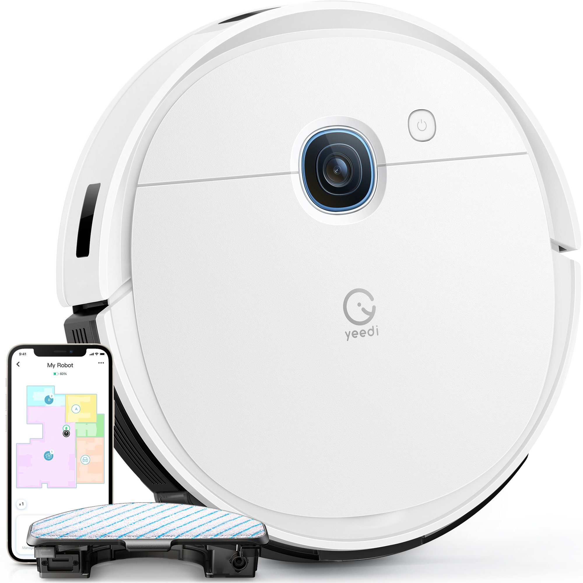 YEEDI Nass-Trocken-Saugroboter aus ECOVACS, Vac 2 Pro, 2-in-1 Saug und Wisch, 240 min Laufzeit, 40 W, beutellos, App-/Sprachsteuerung, 3D Hinderniserkennung, Oszillation-Wischfunktion