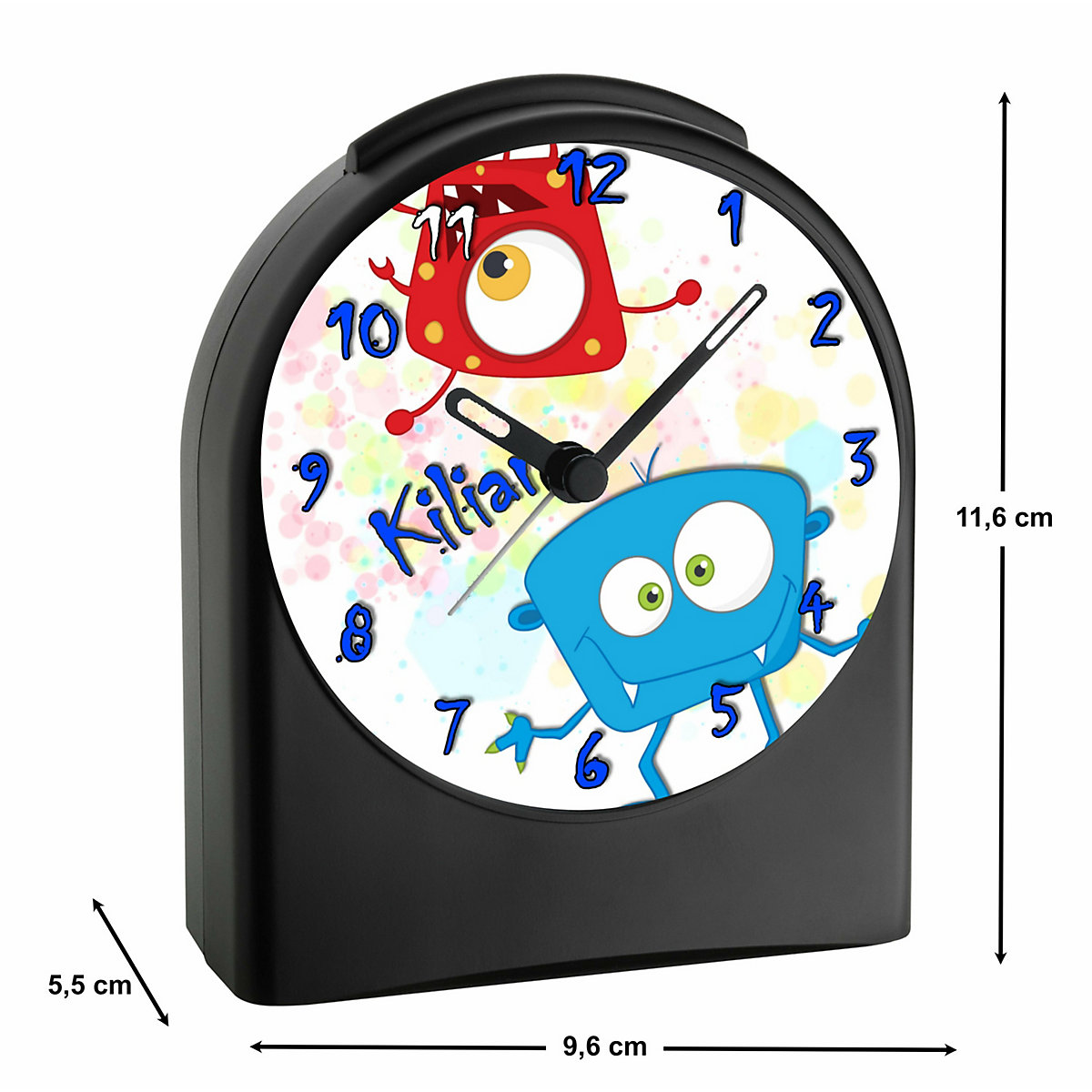 Kinder Funkwecker personalisiert mit Namen Monster Atom-/Funkuhr, 12-Stunden-Anzeigeformat, Schlummerfunktion, Nachtlicht, Geräuschlos/Ohne Ticken