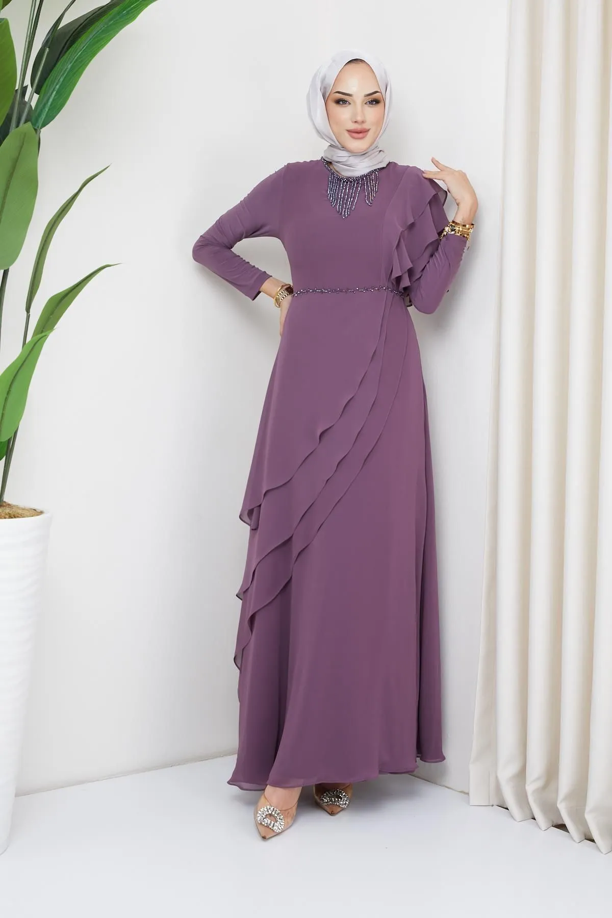 Olcay  Abendkleid aus Chiffon mit Hijab und Perlenverzierung, LILA 1652