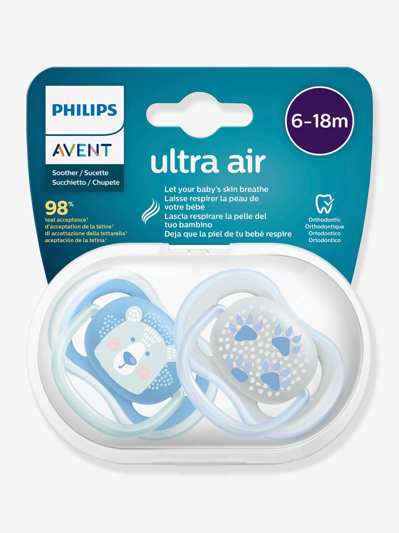Lot de 2 sucettes Ultra air animals 2e âge Philips AVENT pingouin + éléphant