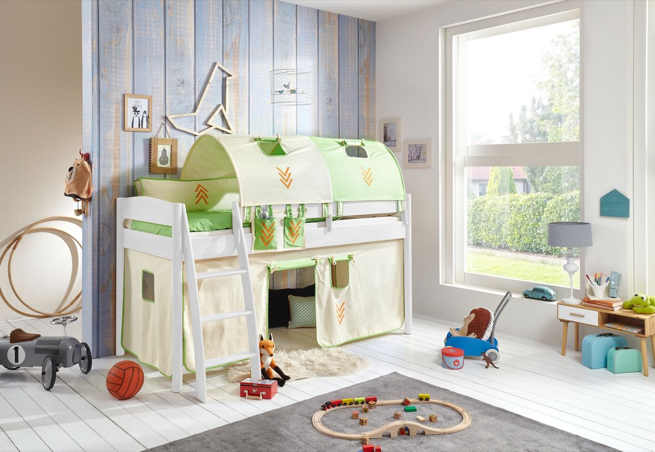 Relita Halbhohes Bett MICHELLE 90x200 cm Buche massiv weiß lackiert, mit Textilset Vorhang, 2-Tunnel, Tasche Beige/Grün