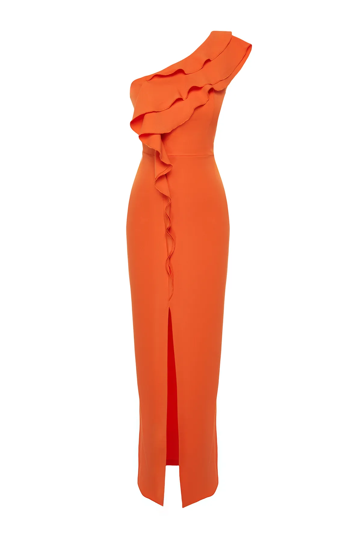 Trendyol Collection  Orangefarbenes, langes Abendkleid aus gewebtem Stoff mit Volants und einem Ärmel TPRSS24AE00130