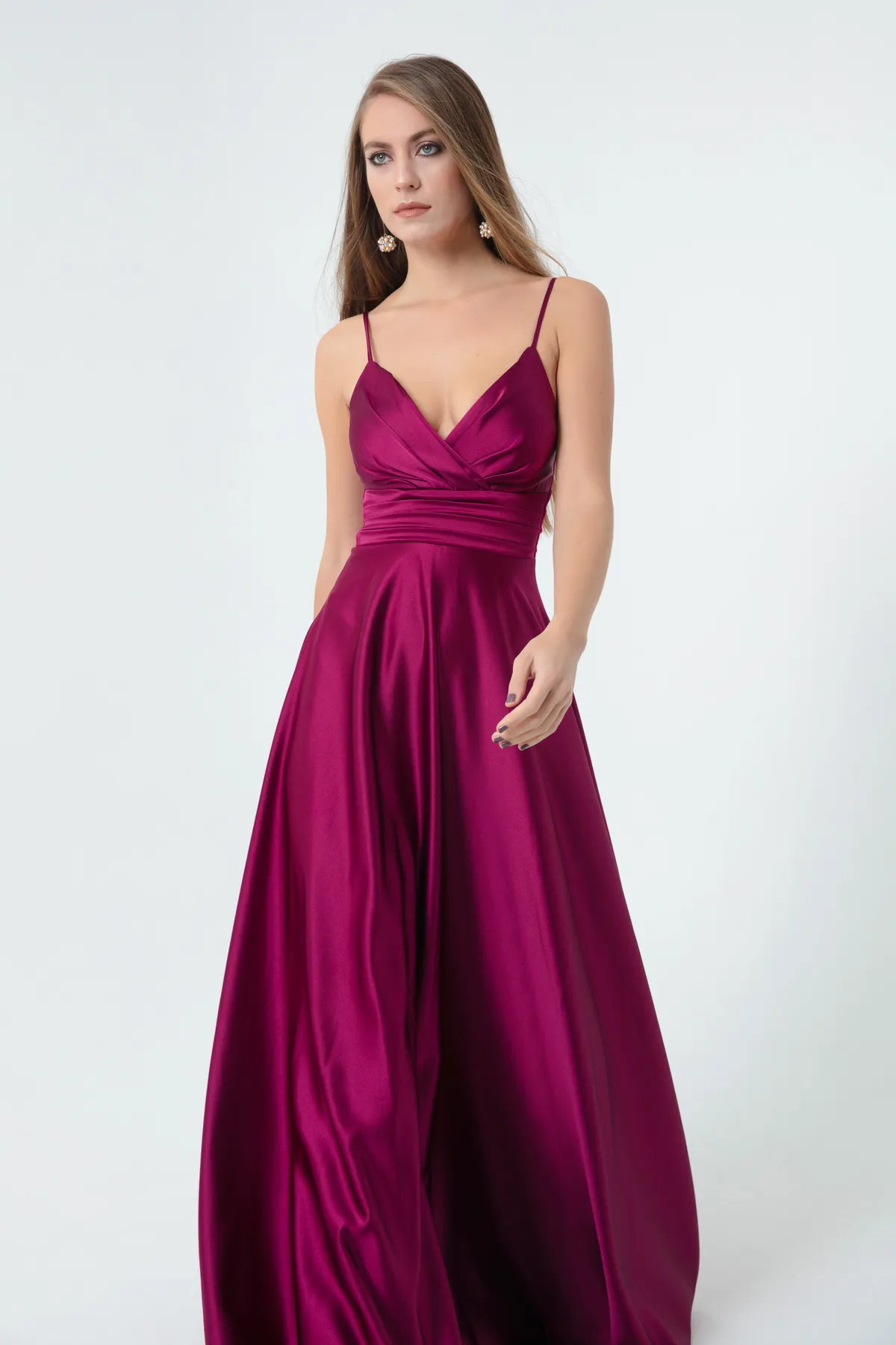 Lafaba  Pflaumenfarbenes langes Abendkleid und Abschlusskleid aus Satin mit Seilriemen und Taillengürtel für Damen