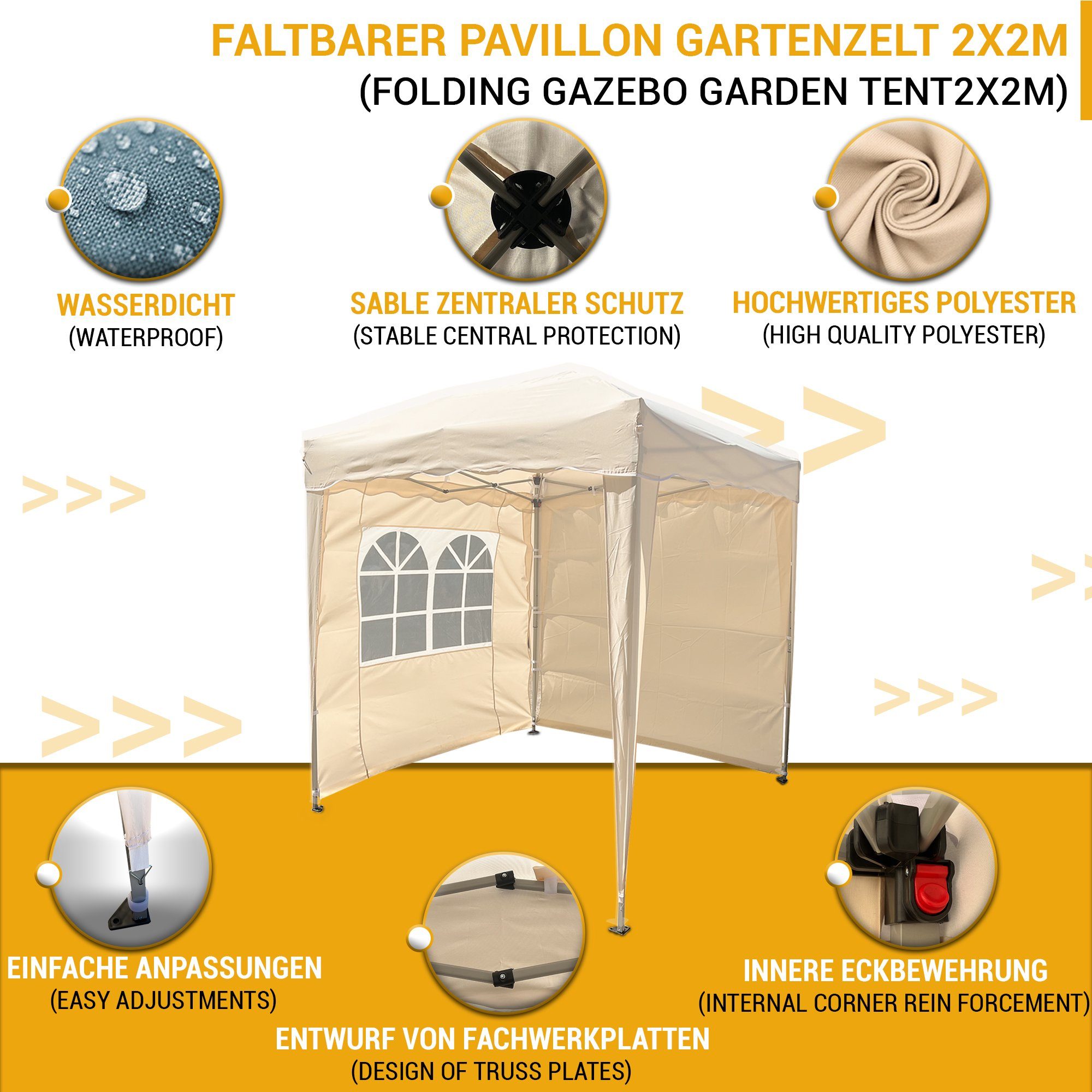Defactoshop Faltpavillon Faltpavillon Klappzelt 2x2m Zelt + 2 Seiten Wasserdicht, mit 2 Seitenteilen
