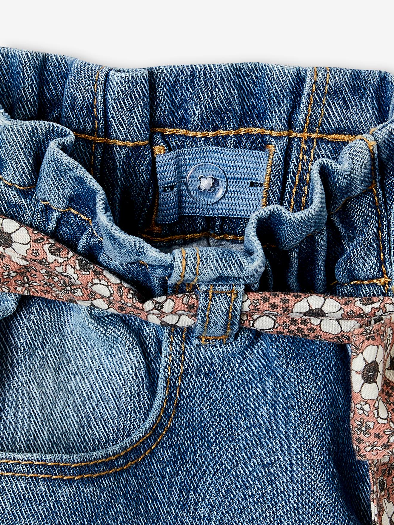 Vertbaudet Mädchen Paperbag-Jeans mit Blumen-Gürtel - grauer denim