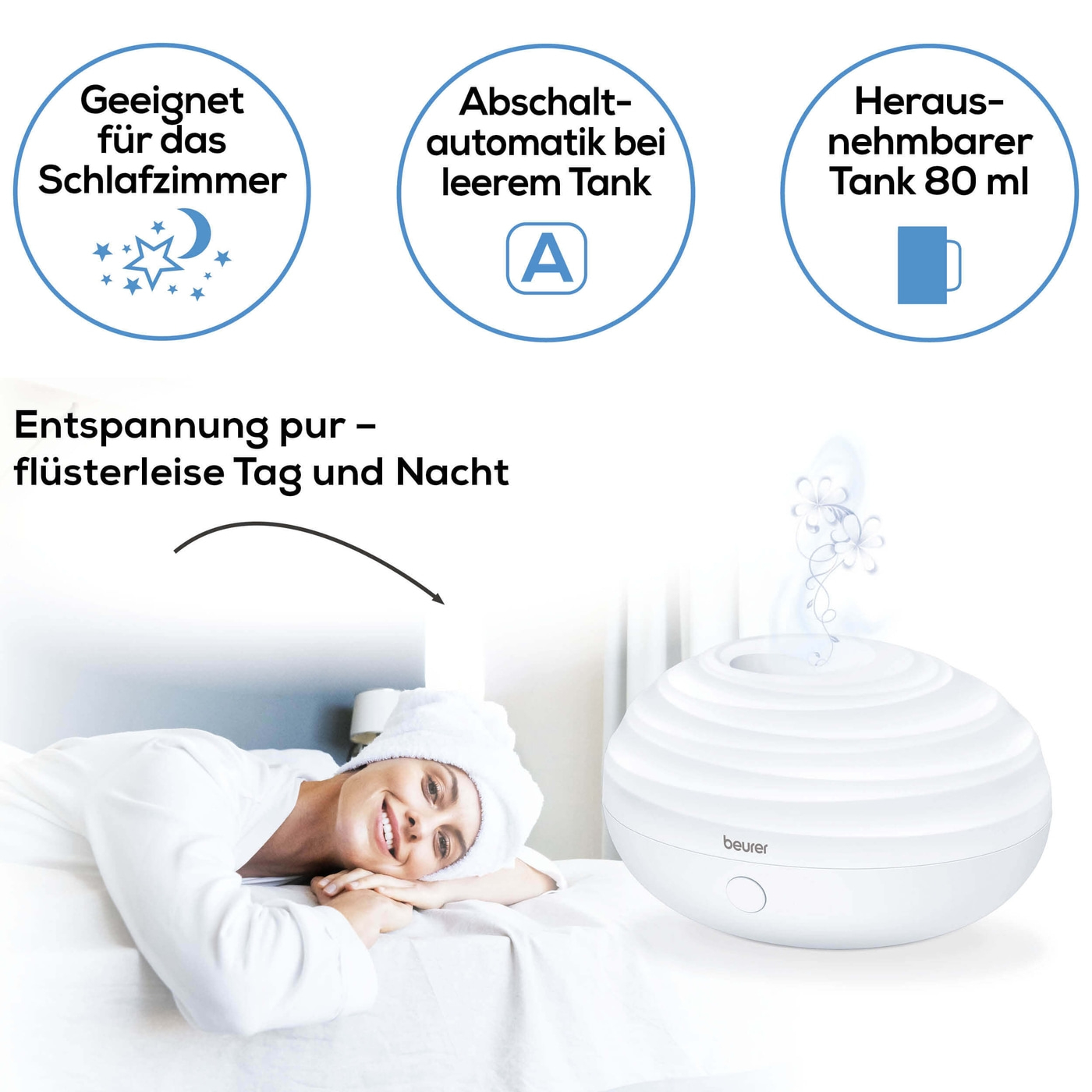 Beurer Aroma Diffuser LA 20-Mobiler Diffuser mit LED-Farblicht für Duft & Raumbefeuchtung bis 10 m²