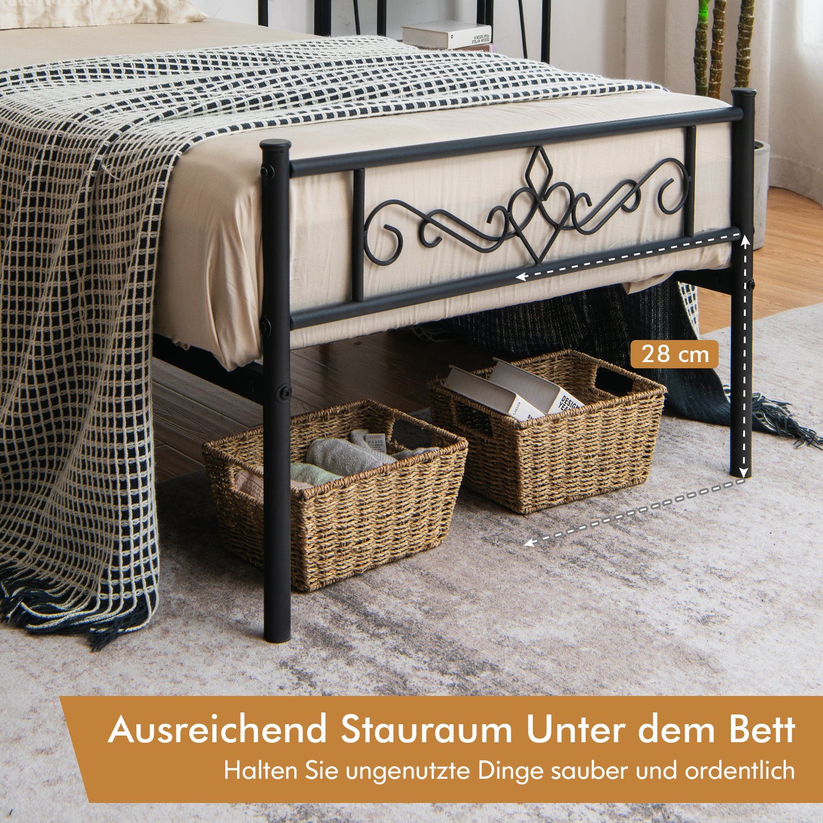 COSTWAY Bettgestell, mit Lattenrost, 150kg belastbar, Metall schwarz