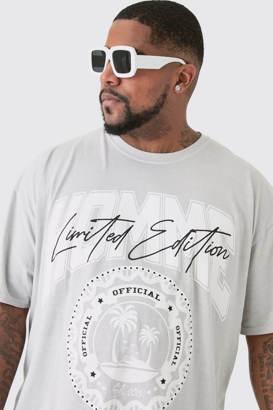 Plus graues T-Shirt mit Homme Palmen-Print