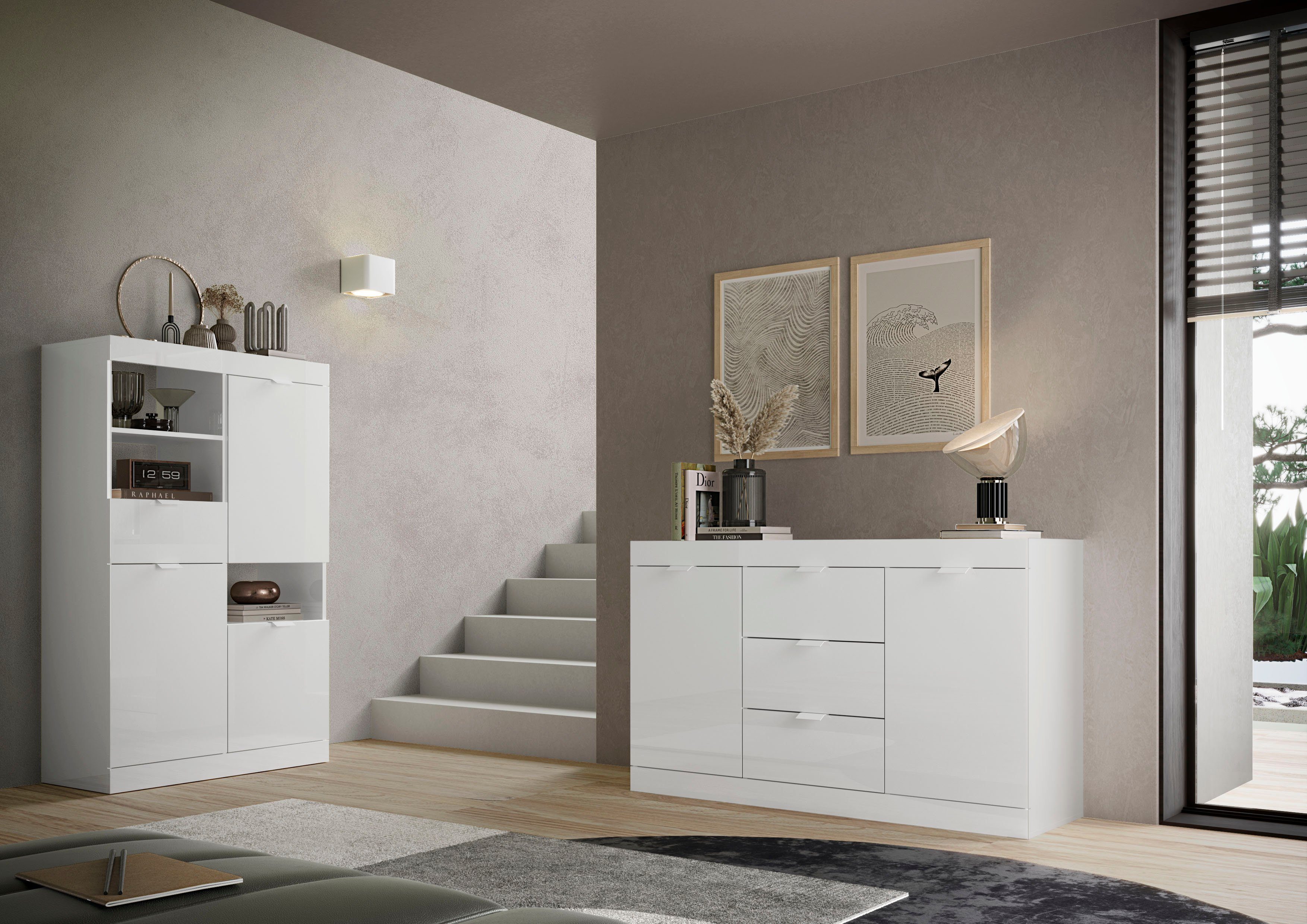 LC Highboard Slim, Breite 91 cm, weiß Hochglanz Lack