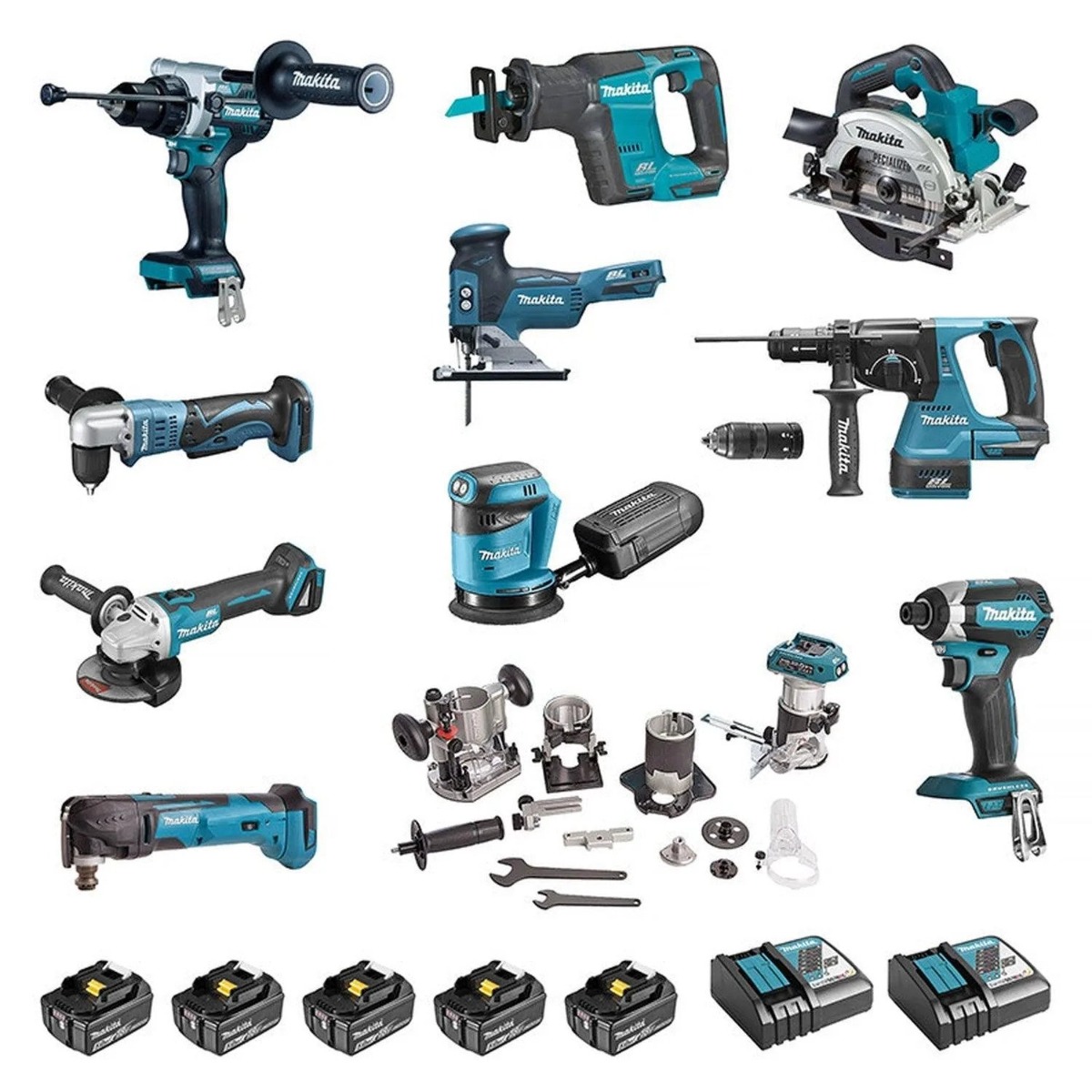 Makita DLX1108TJ1 Kombinovaná sada 18V 11 strojov - 5 x akumulátor 18V 5,0Ah + 2 x nabíjačka