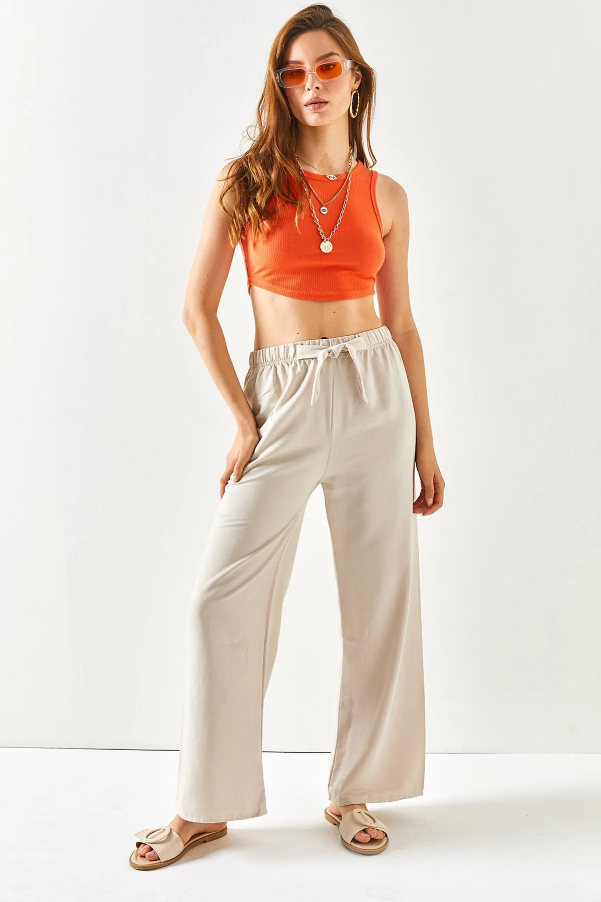 Olalook  Damen-Palazzo-Leinenhose mit elastischem Bund und Schnürung in Steinoptik PNT-19000219