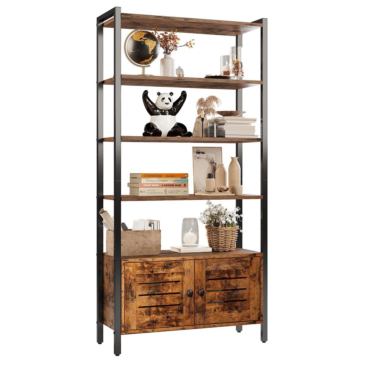 MULISOFT Bücherregal Bücherregal 5 Fächer, Aufbewahrungsregal mit Metallrahmen 75x28x144cm, Standregal Bücherschrank mit Schrank für Wohnzimmer Büro