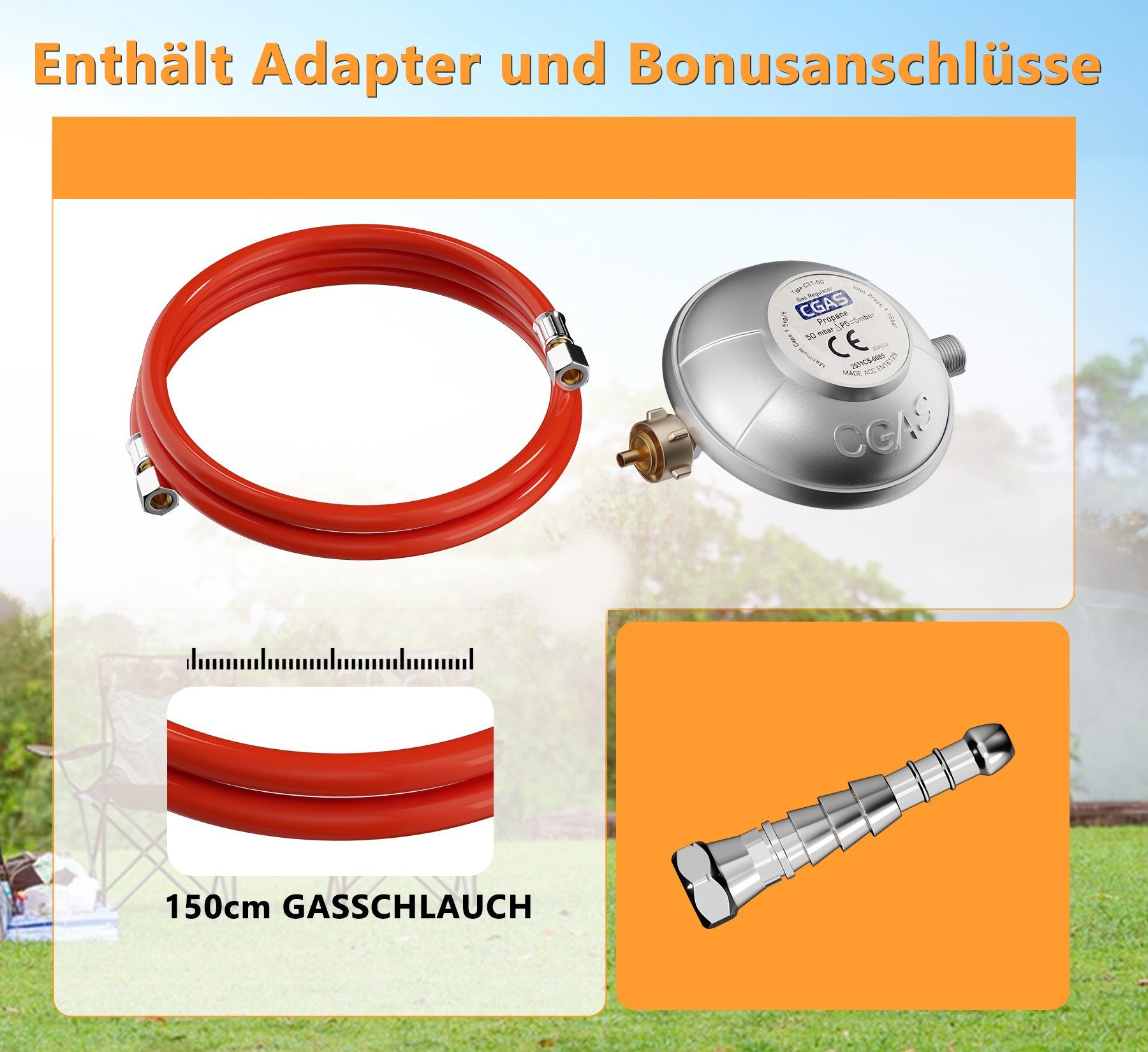 HOMELUX Gaskocher Campingkocher mit 1,5M Anschlussschlauch und Druckminderer 50 mbar, (Camping Gasherd Kocher)
