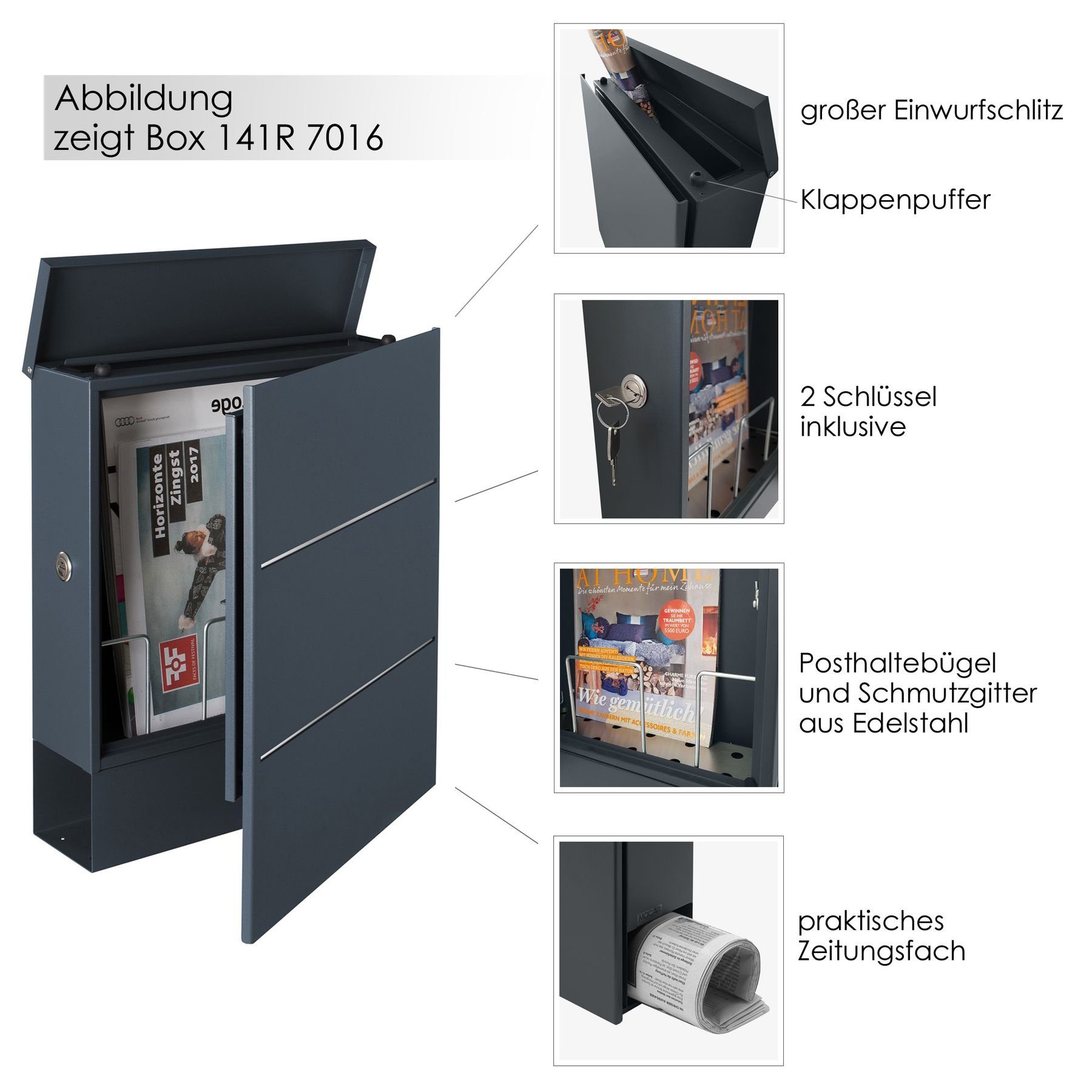 MOCAVI Briefkasten MOCAVI Box 141R Design-Briefkasten mit Zeitungsfach grau-eisenglimmer (DB 703) mit Edelstahl-Detail, integriert, passender Verschluss (zusätzlich bestellbar) für Wetterseite, beidseitig nutzbar: Box Vers 1 VA