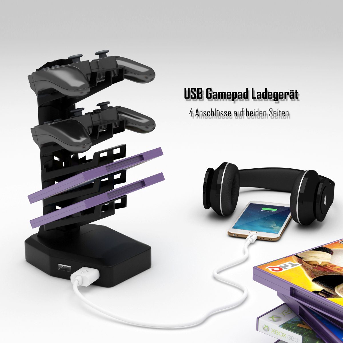 COSTWAY Gamingtisch, RGB-Led, Controller-Halterung mit 4 USB, Z-förmig 120cm