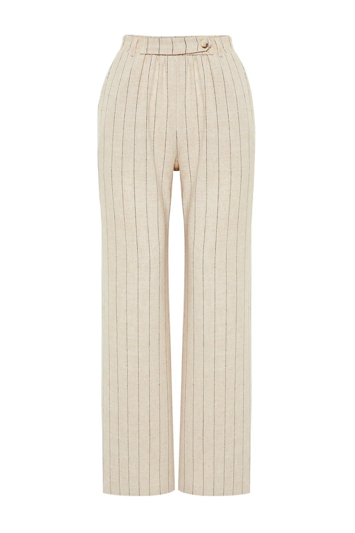Trendyol Collection  Beige gestreifte, elastische Taillentasche, gerade geschnittene Hose aus gewebtem Baumwollleinen TWOSS24PL00055
