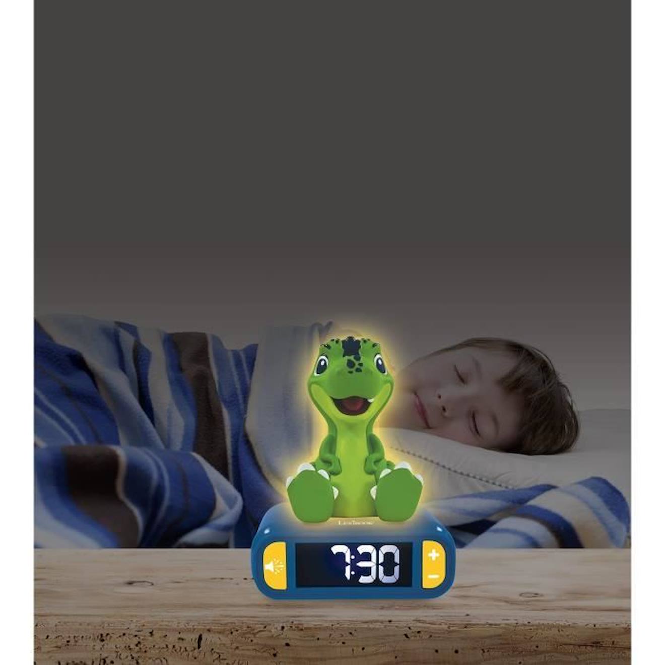 Réveil digital avec veilleuse lumineuse Dinosaure en 3D et effets sonores vert
