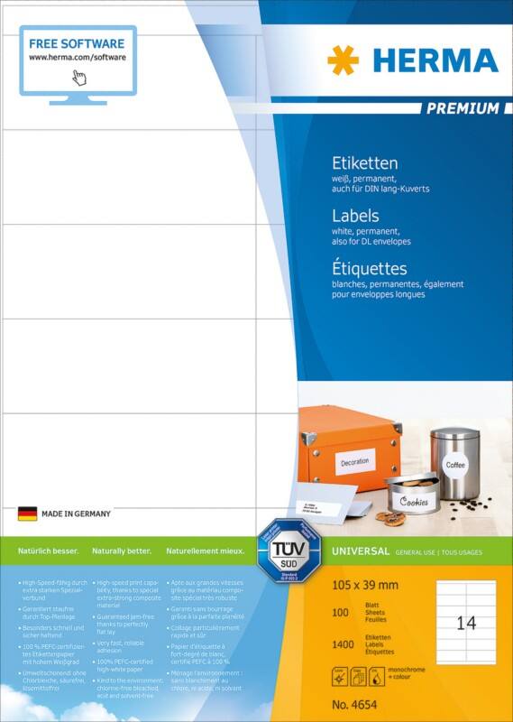 HERMA Mehrzwecketiketten 4654 Weiß 105 x 39 mm Rechteckig 100 Blatt à 56 Etiketten