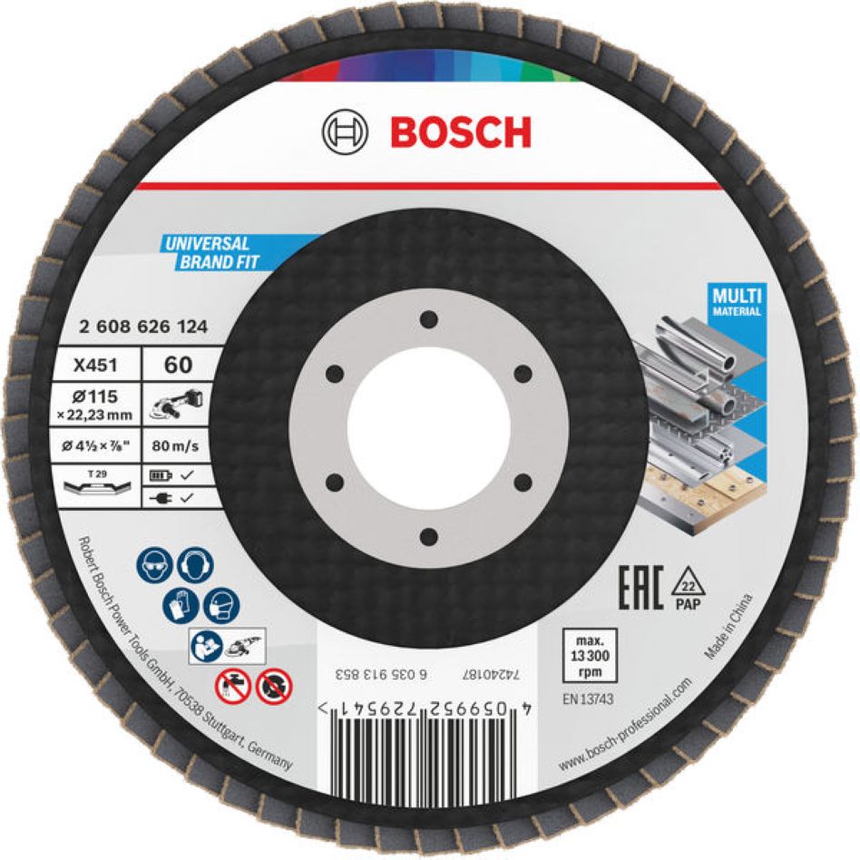 Bosch Blue Accessories 2608626124 Lamellslipeskive X451 Multi Material Ø115 mm korning 60 rettvinklet versjon