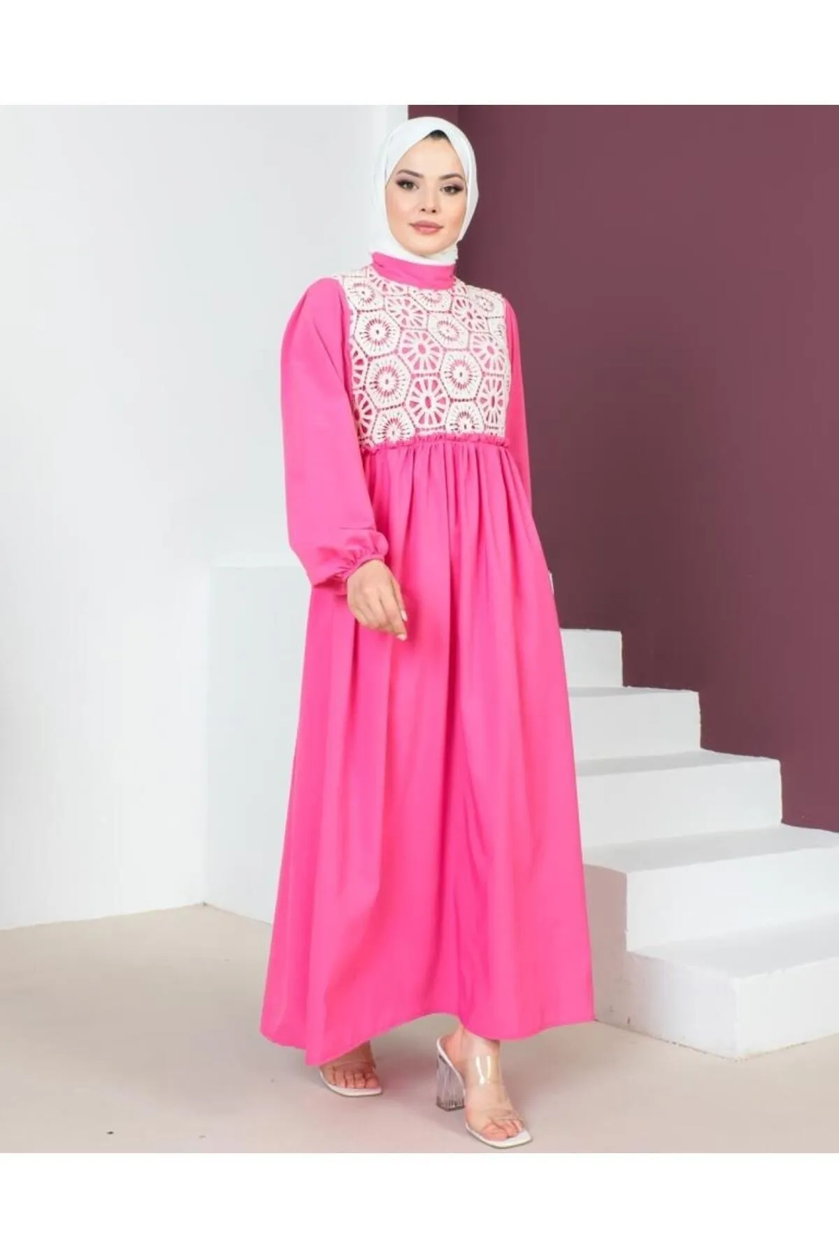 benguen  449 Spitzendetailliertes Hijab-Kleid Fuchsia