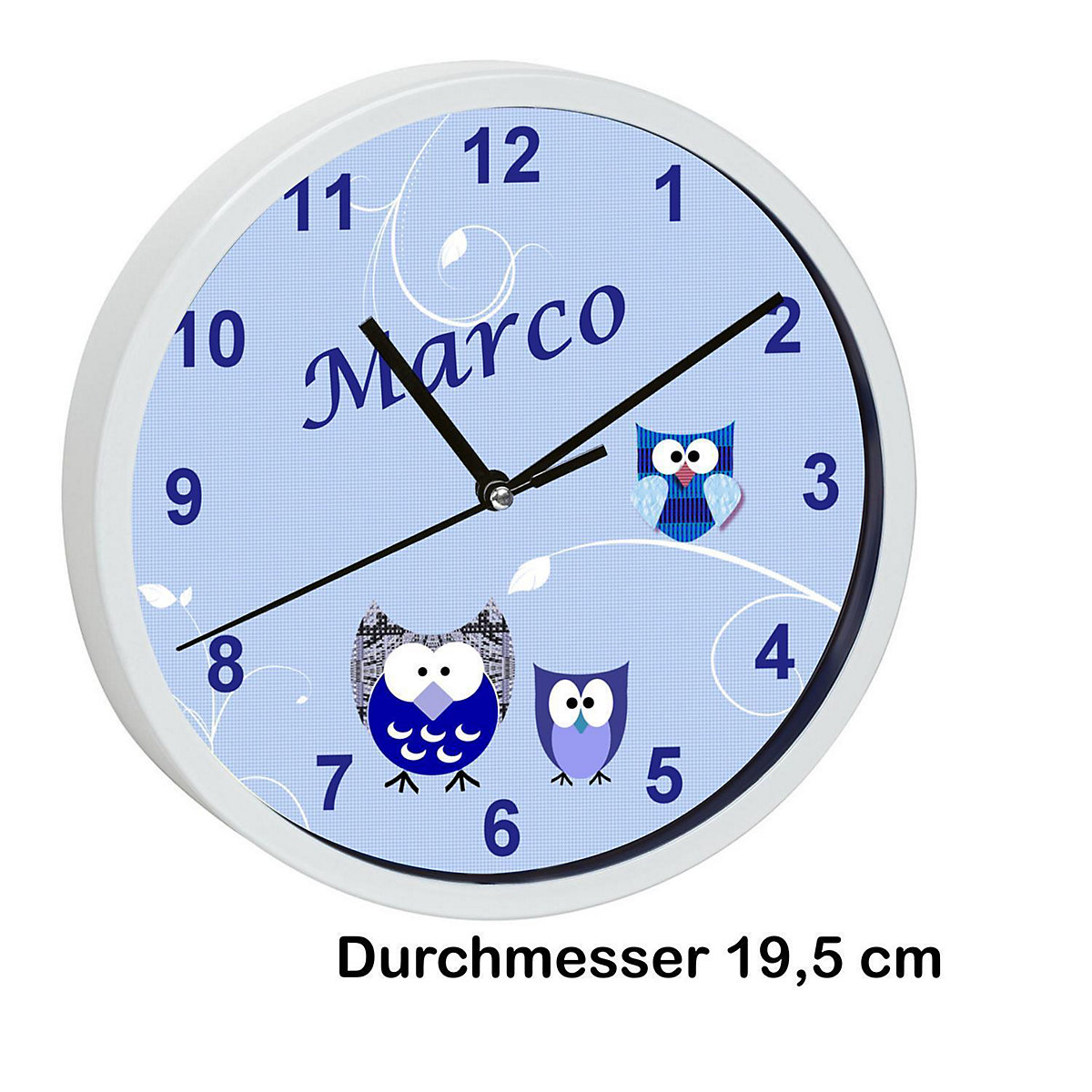 Kinder Wanduhr personalisiert mit Name Eule Blau