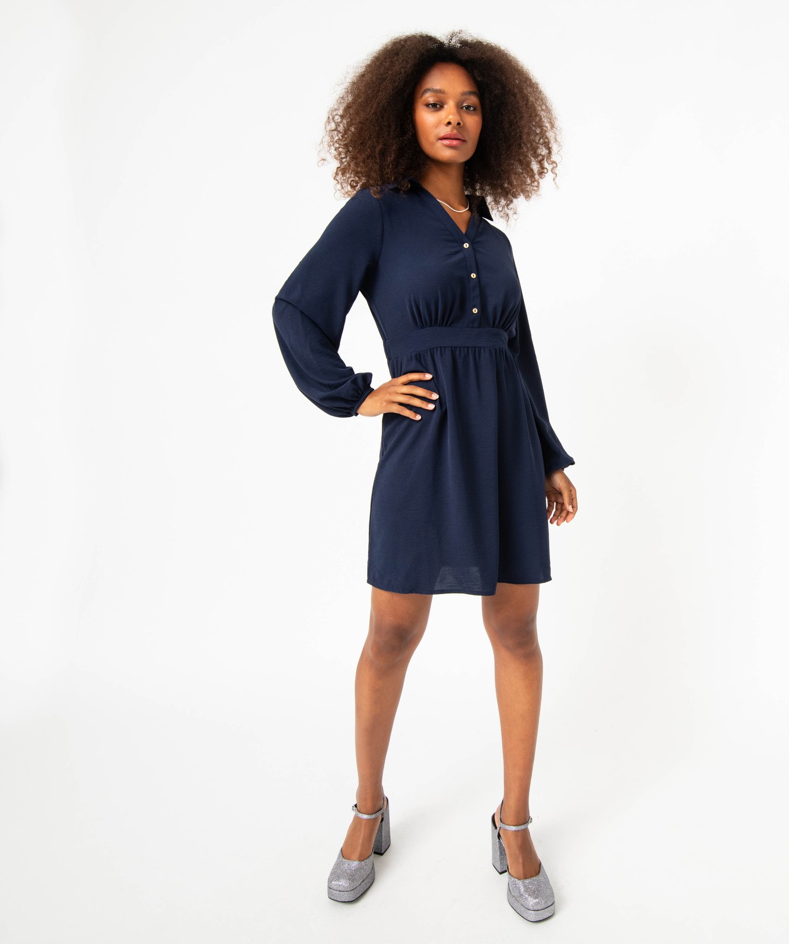 Robe à manches longues avec col chemise femme bleu fonce | GEMO