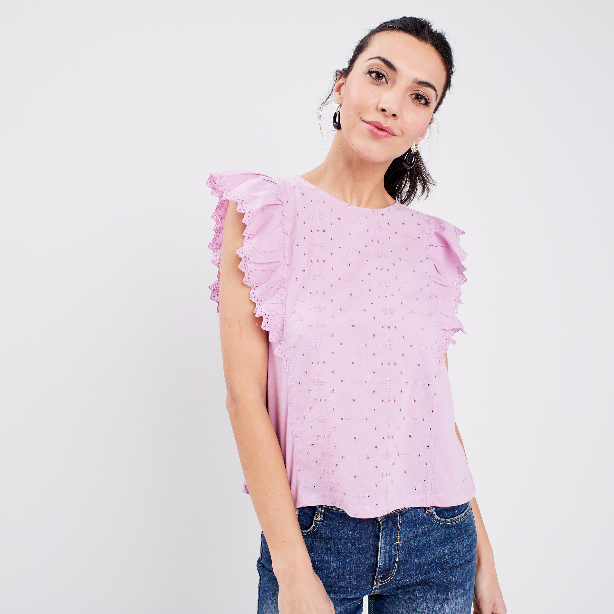 T-shirt avec broderie anglaise parme femme | La Halle