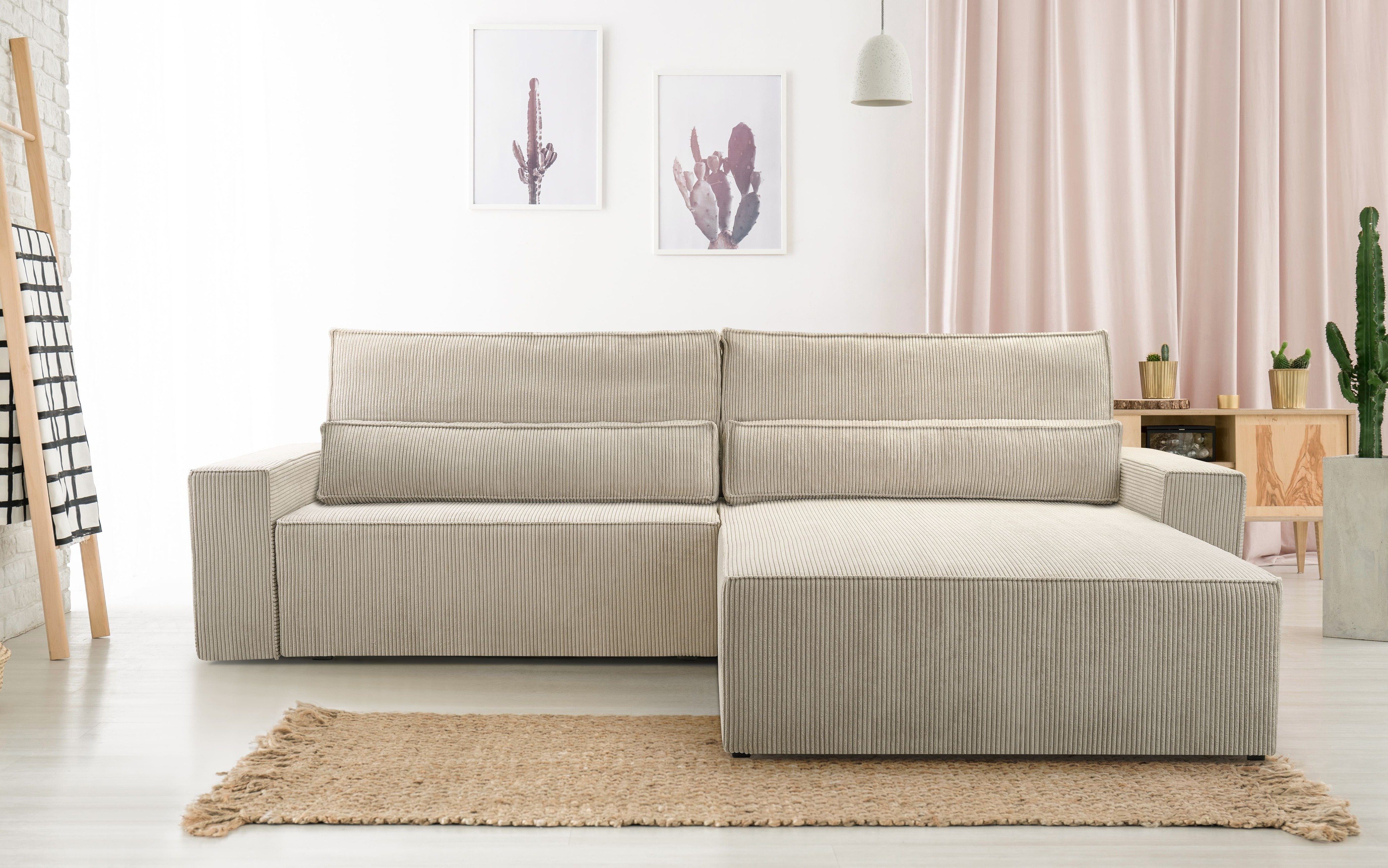 MOEBLO Ecksofa DENVER, Ottomane beidseitig montierbar Couch Cord für Wohnzimmer Schlafsofa Sofagarnitur Sofa Eckcouch L-Form Cordstoff - 297x85x185cm, mit Schlaffunktion und Bettkasten