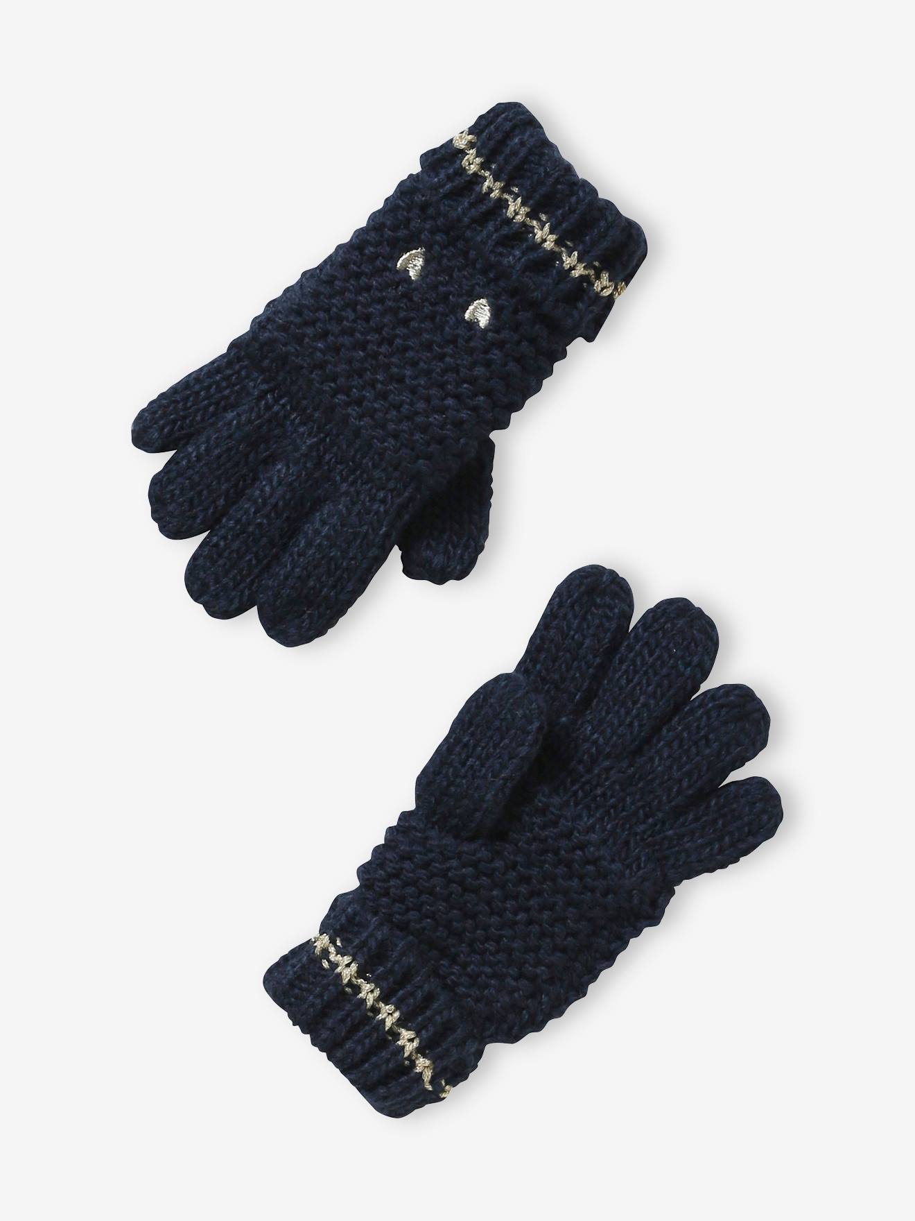Vertbaudet Mädchen Strick-Set: Mütze, Rundschal & Handschuhe, Herzen - nachtblau bedruckt