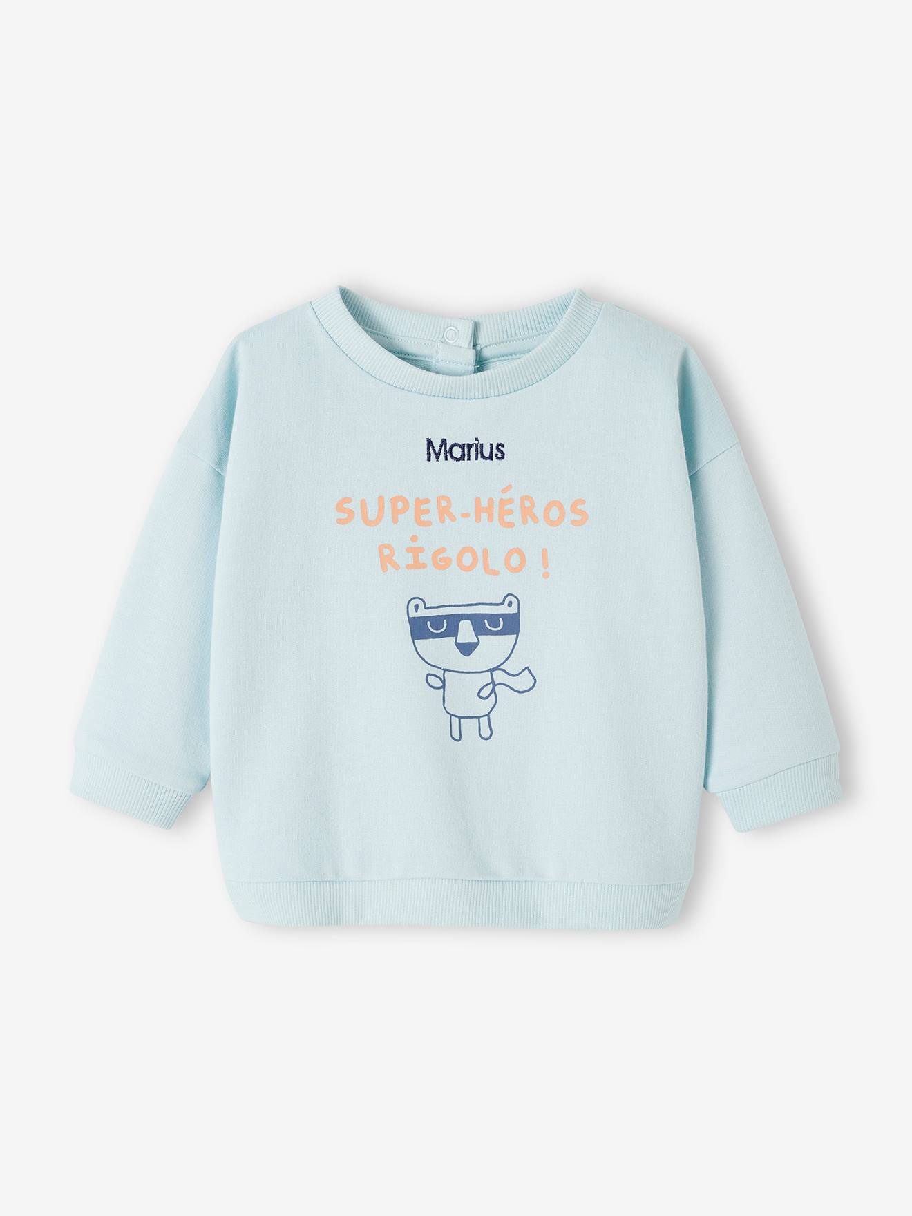 Vertbaudet Baby Sweatshirt SUPER-HÉROS RIGOLO, personalisierbar Oeko-Tex - himmelblau