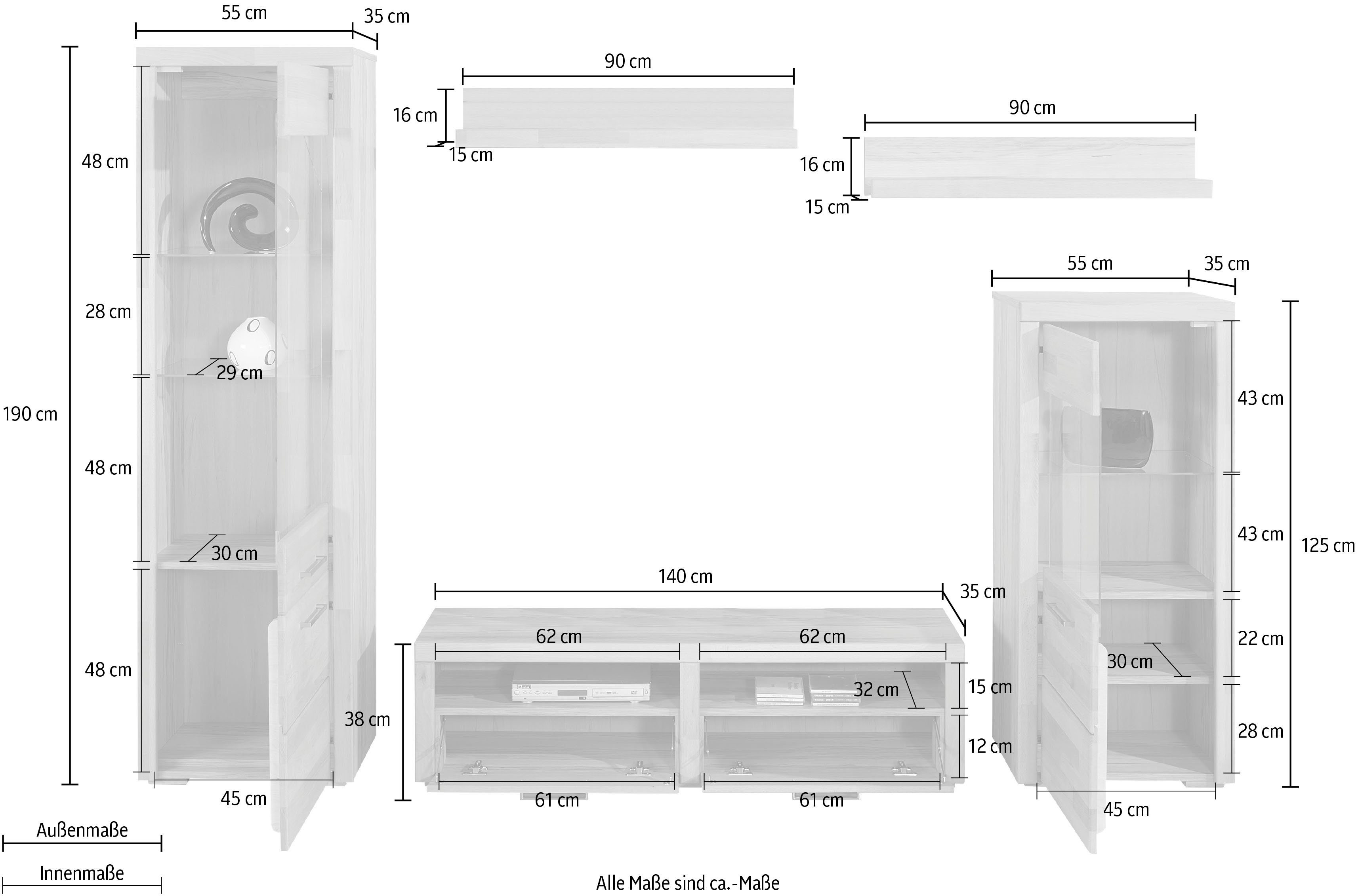 Woltra Wohnwand Falco, (Set, 4-St., 5), Fronten aus Massivholz