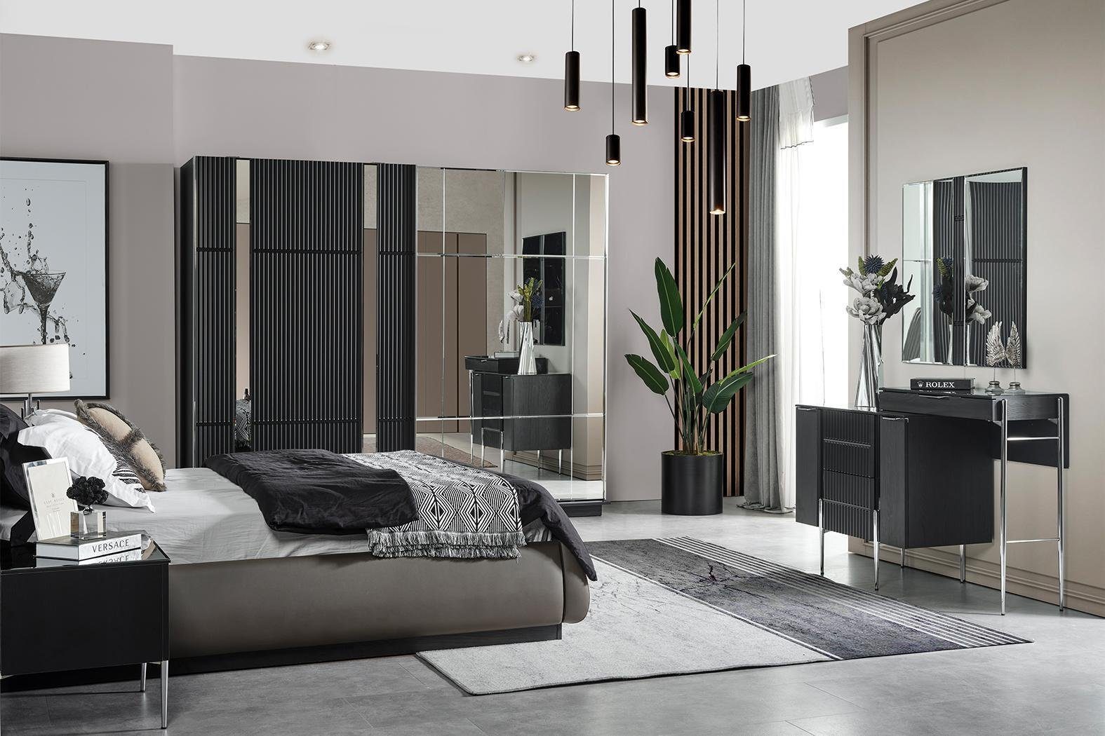 JVmoebel Schlafzimmer-Set Graues Schlafzimmer Set Doppelbett 2x Nachttische Schminktisch Spiegel, (6-St., Bett, 2x Nachttische, Kleiderschrank, Schminktisch, Spiegel), Made in Europa