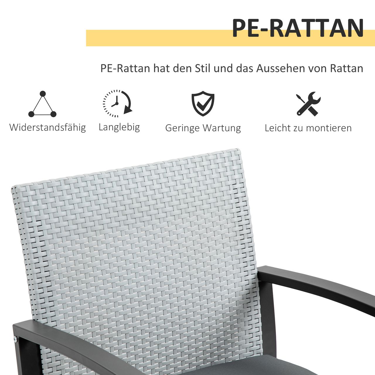 Outsunny Polyrattan Bistroset 3-tlg. Sitzgruppe Balkonmöbel Set Gartensitzgruppe mit Beistelltisch Gartenset Sitzgarnitur mit Sitzkissen Stahl Schwarz Grau